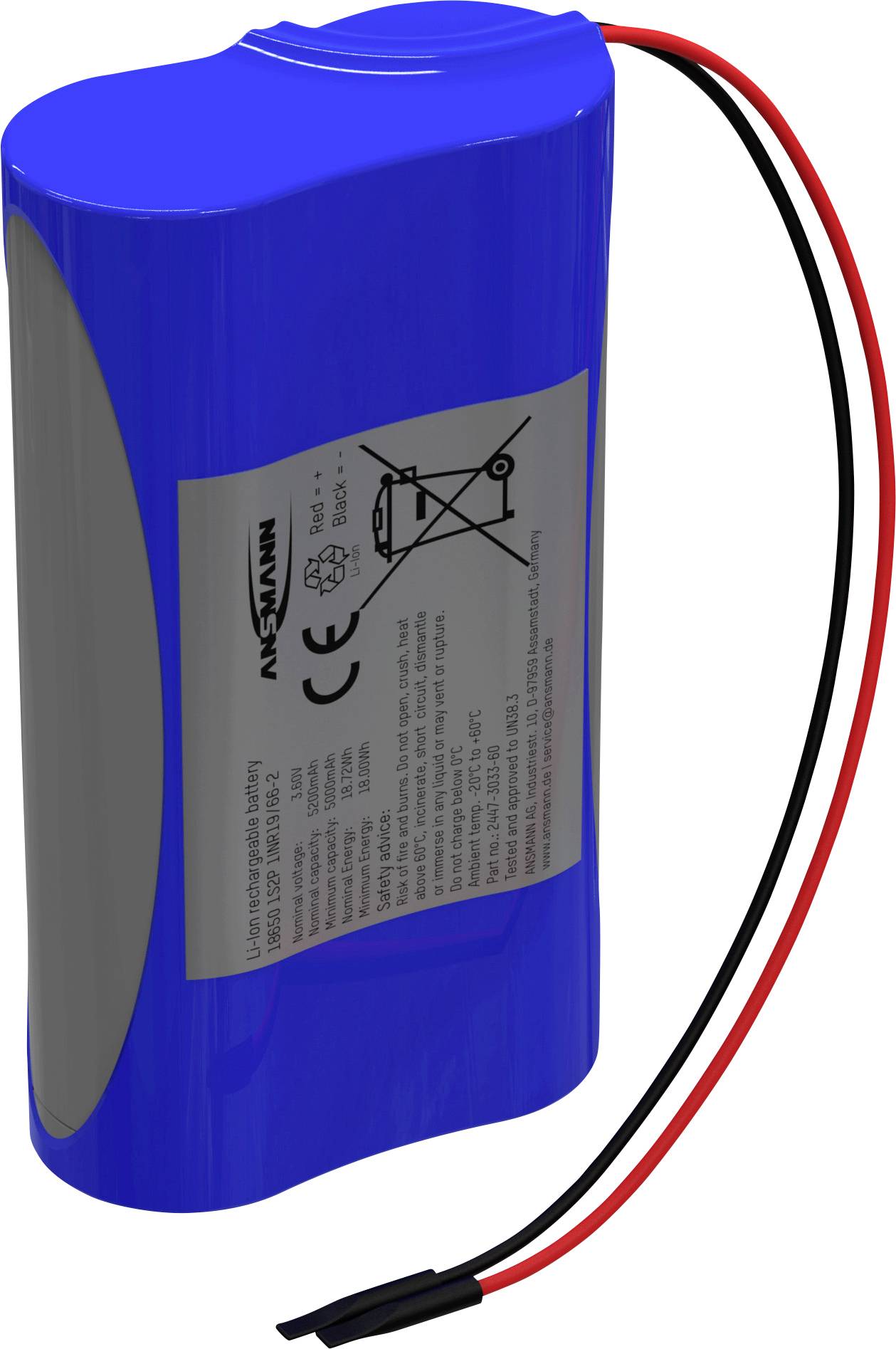 Blue battery with connecting cables, grey label with CE marking and recycling symbols.