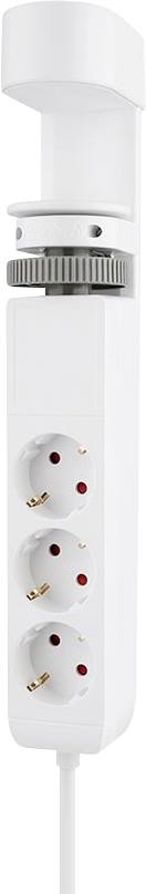 A white socket adaptor with four outlets, vertically arranged, ideal for use in confined spaces.