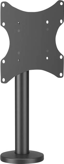A black TV stand with a flat, rectangular mounting bracket and a round base.