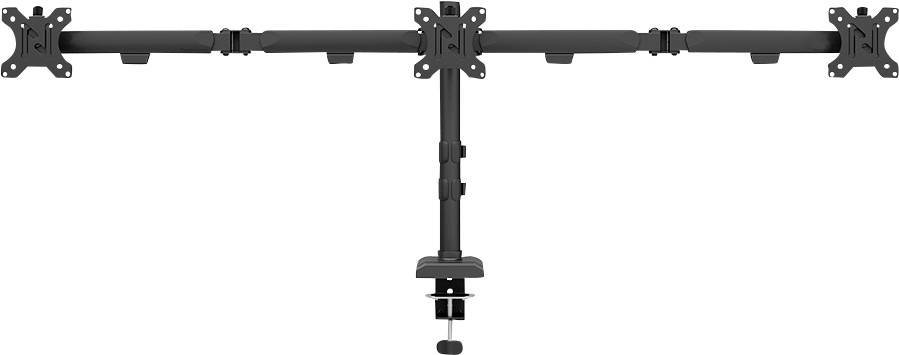 Black monitor mount with four arms attached to a central stand, suitable for mounting multiple screens.