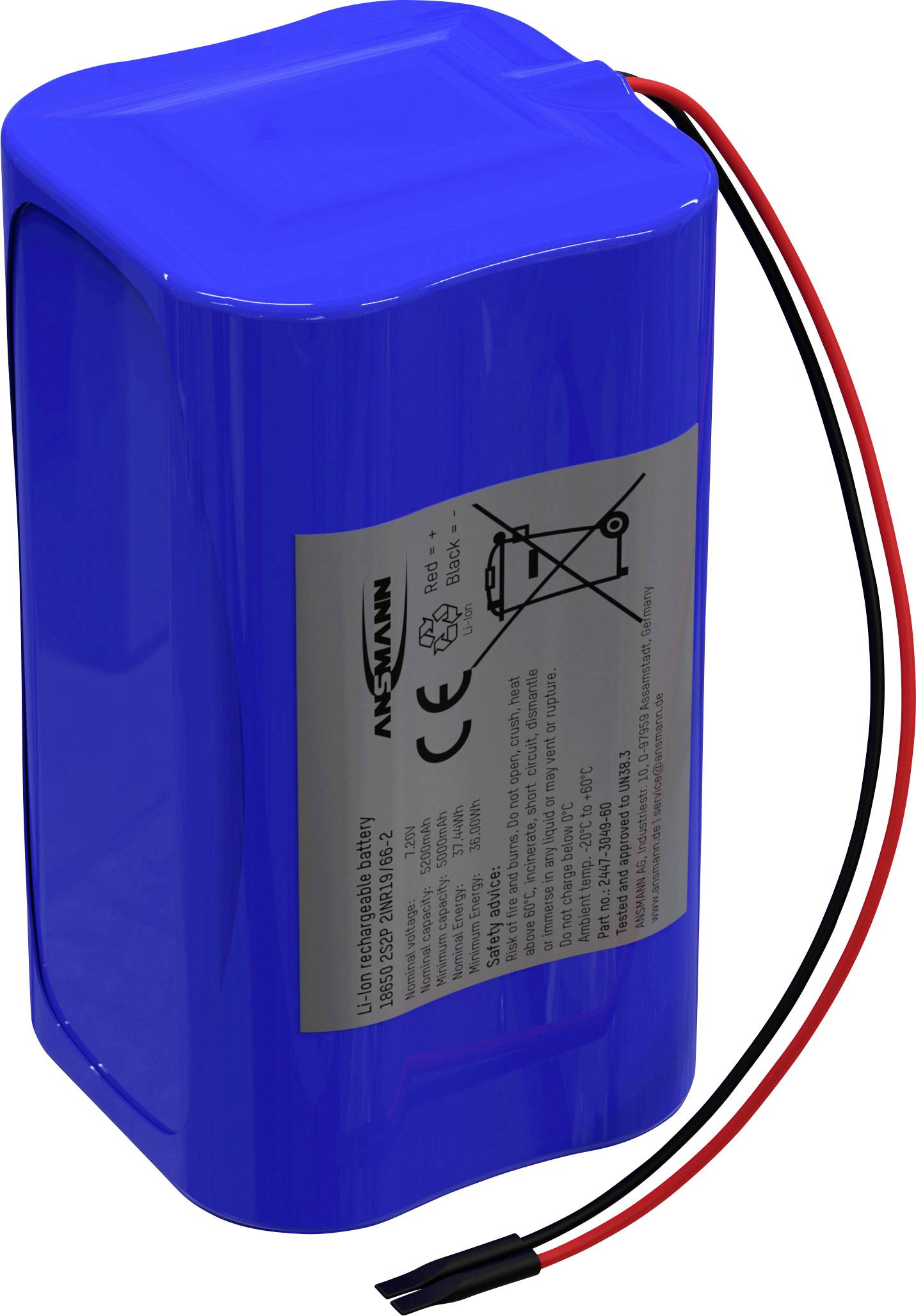 Blue lithium-ion battery with red and black cable, label shows safety and recycling information.