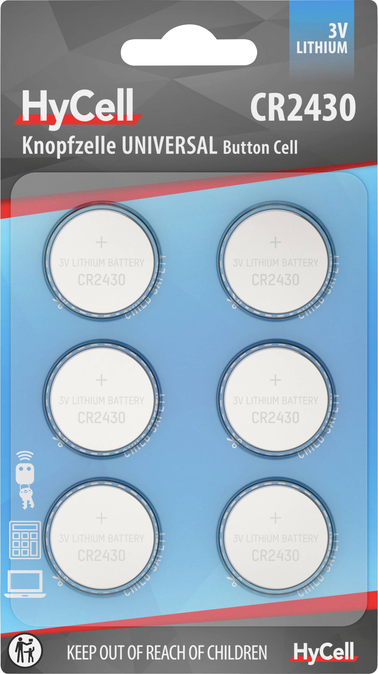 Pack of six 3V CR2430 lithium button cells by HyCell, suitable for various electronic devices. Warning: Keep out of reach of children.