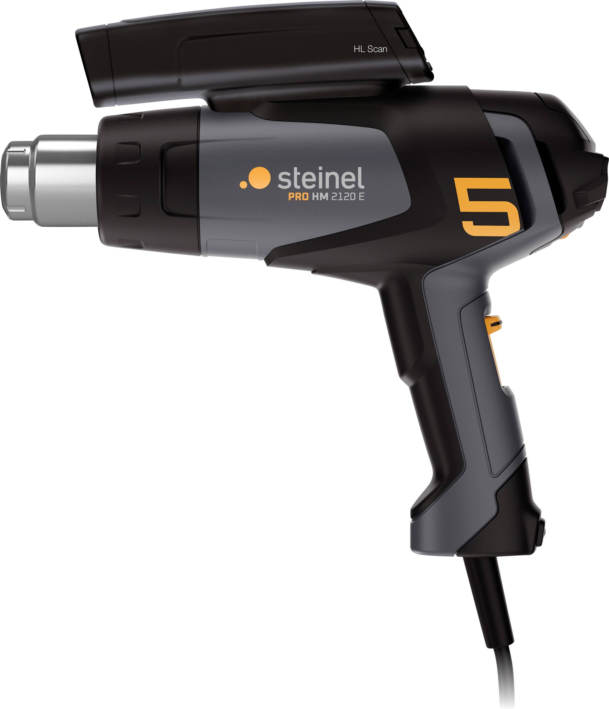 Hot air blower 'Steinel PRO HG 2120 E' with black and grey design, equipped with a digital display and temperature control.