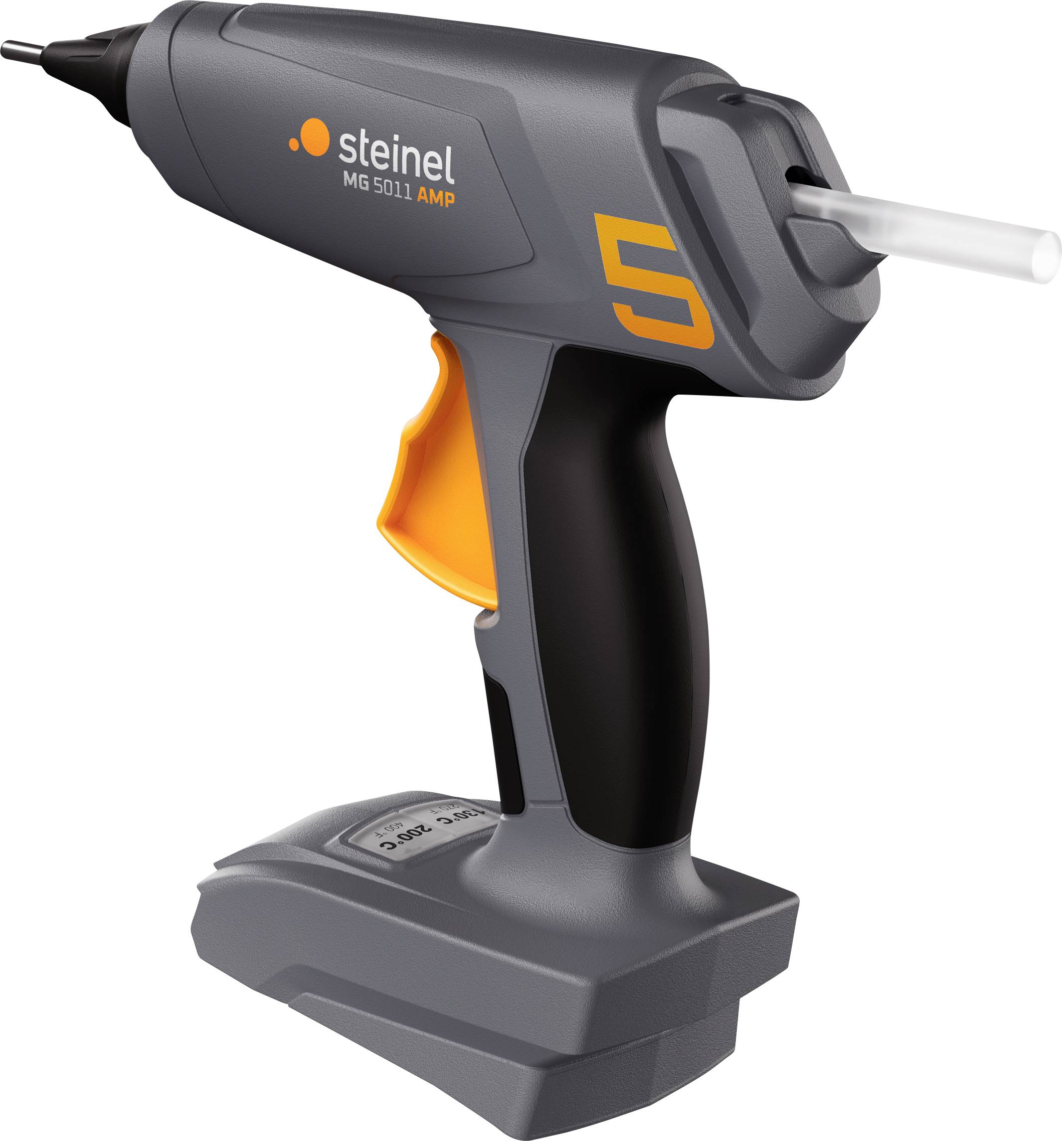 A grey hot glue gun with orange accents, marked with the number 5. Brand name on the side.
