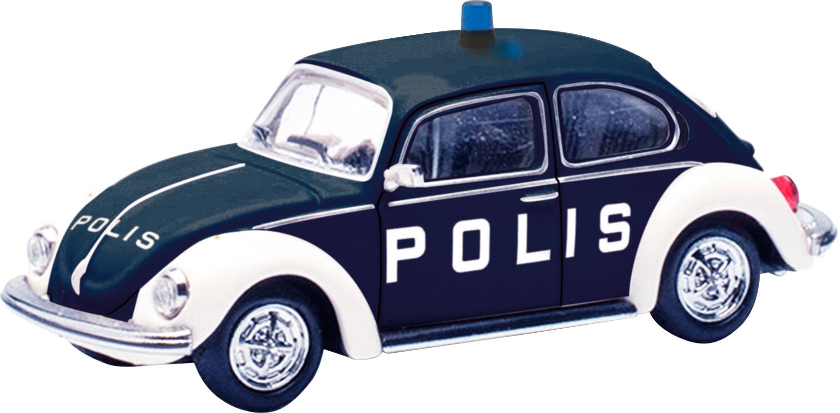 Toy car in police design with the inscription 'POLIS' and a blue light on the roof, resembling a classic VW Beetle.