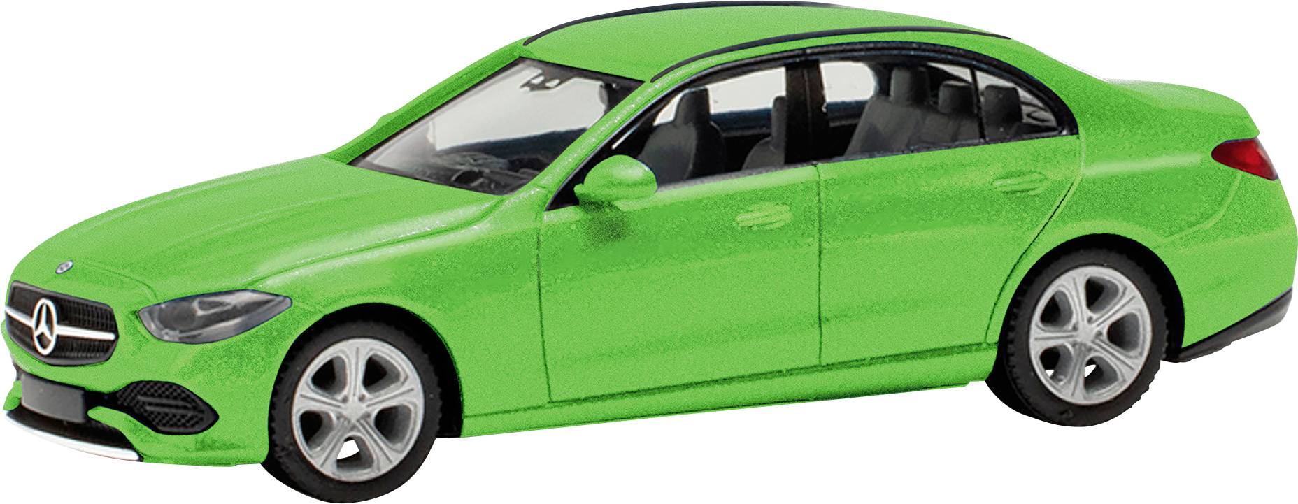 Green model car of a four-door Mercedes-Benz. It stands on a flat surface and is viewed from the right side.