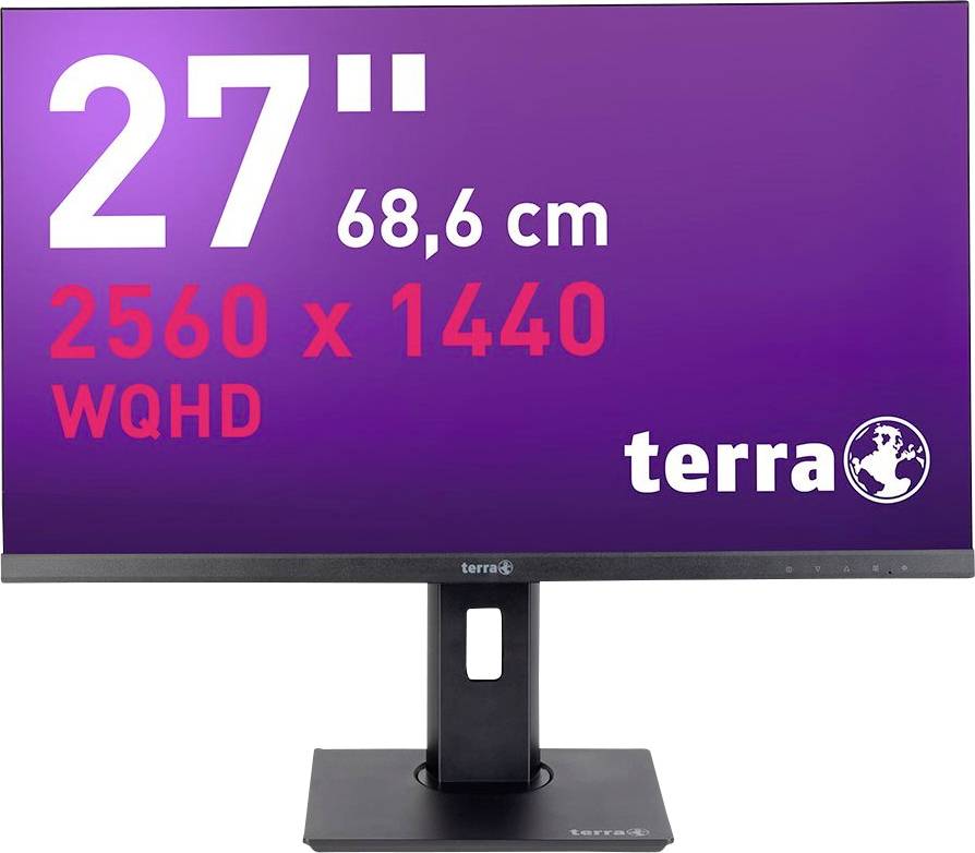 A 27-inch monitor with WQHD resolution of 2560 x 1440 pixels. The screen displays the 'terra' logo.