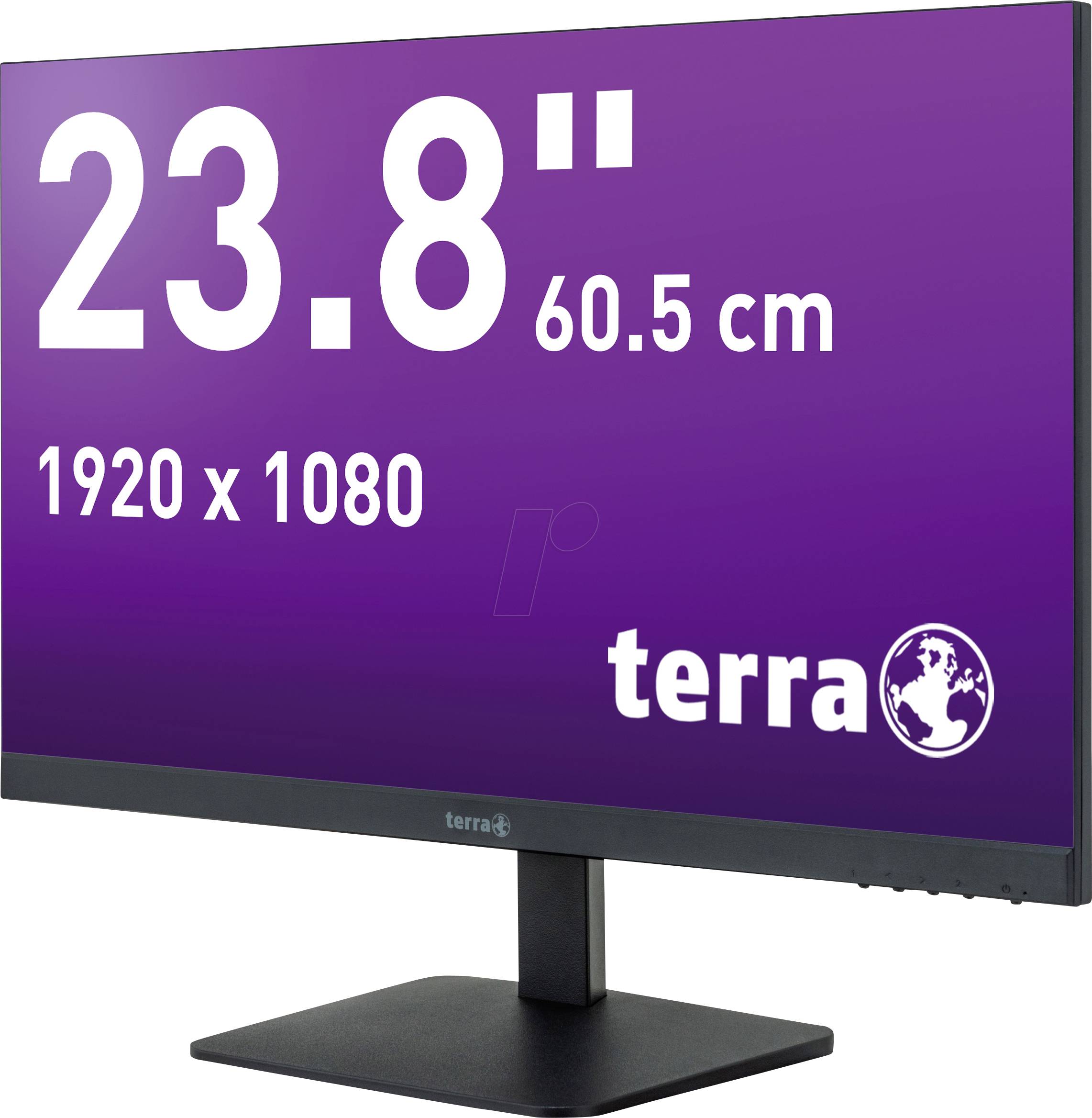 A monitor with a 23.8-inch screen diagonal, resolution of 1920 x 1080, sits on a black stand.