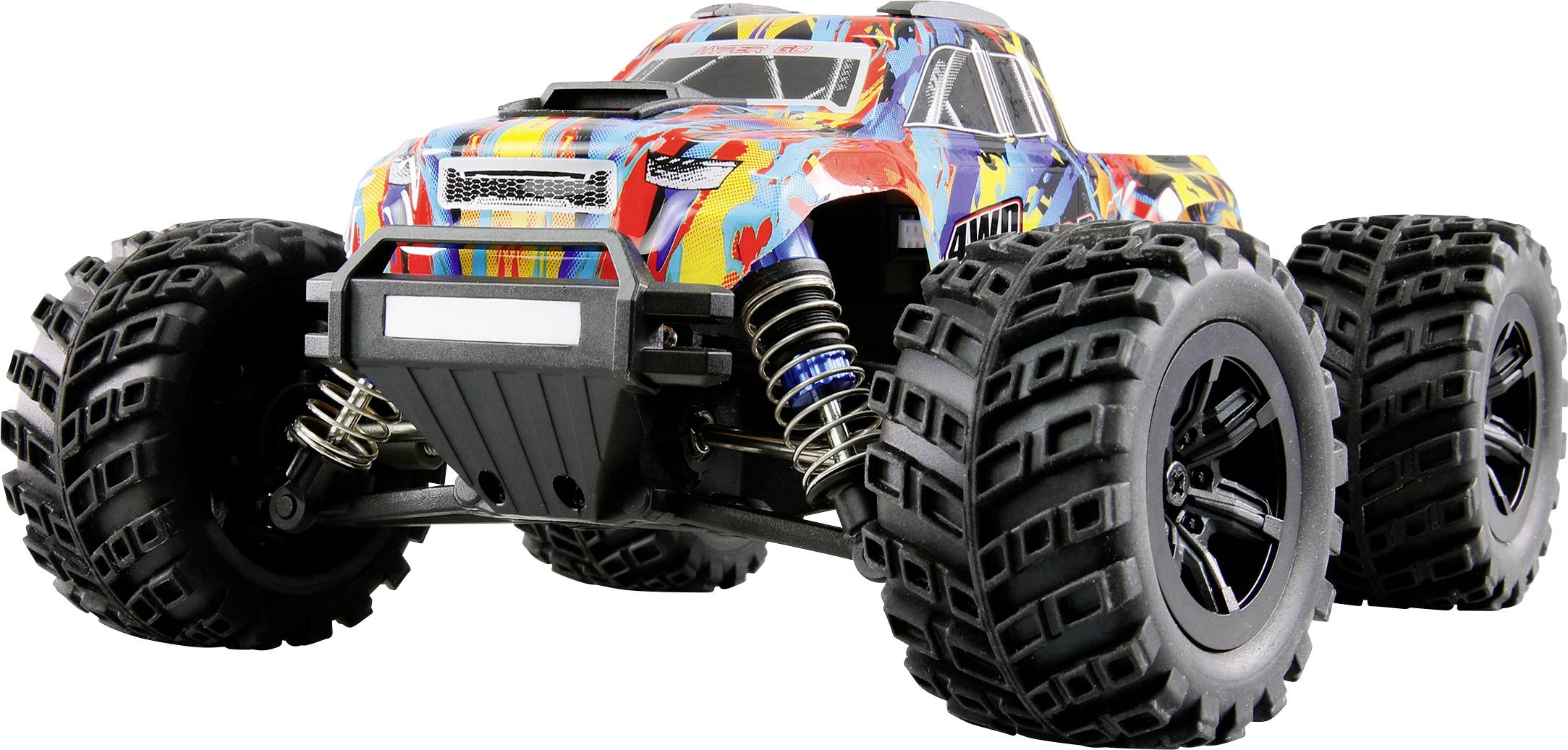A remote-controlled toy car with colourful, eye-catching paintwork and large off-road tyres, suitable for outdoor racing.