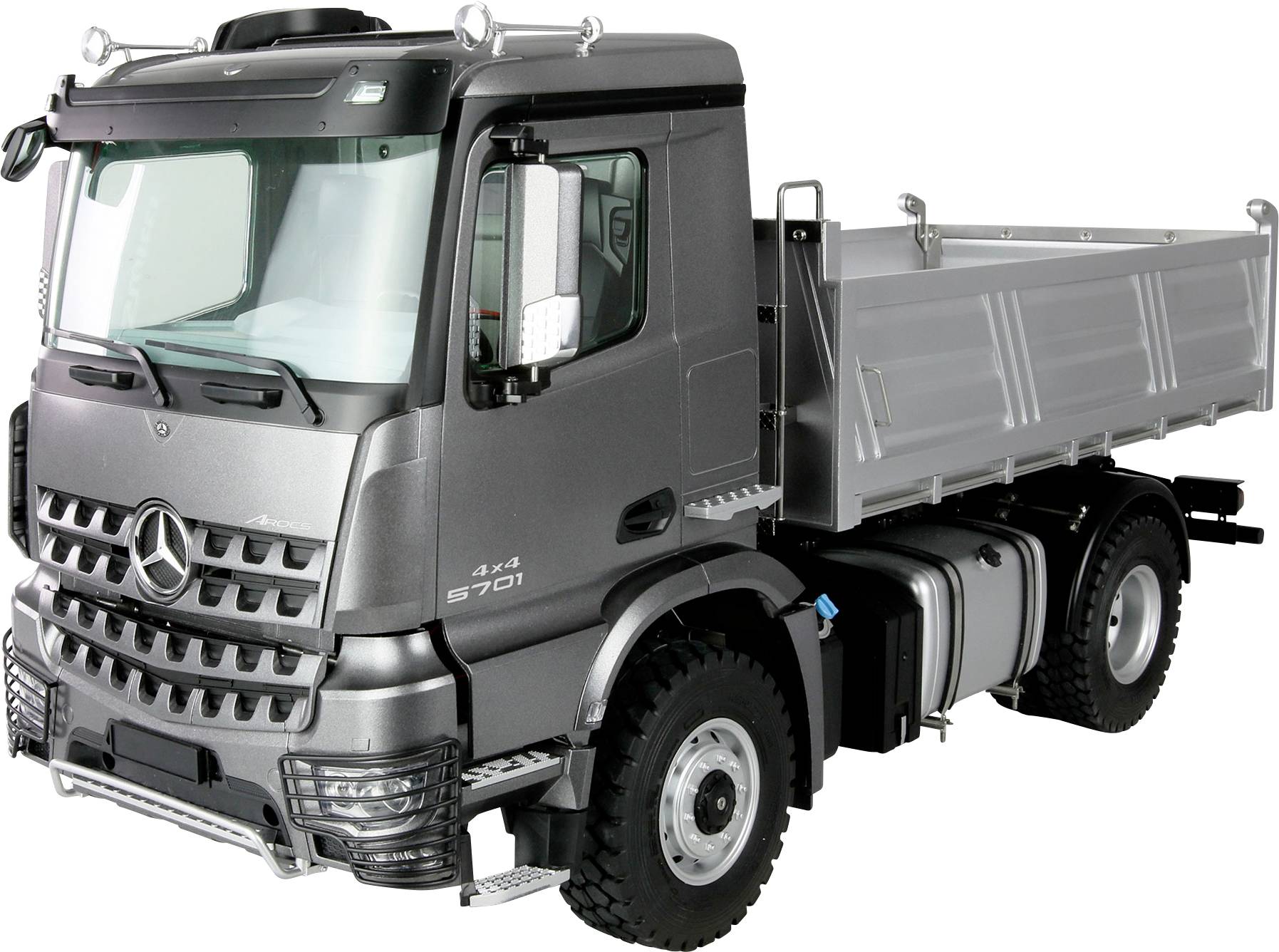 Grey lorry viewed from the side with an open cargo bed. Ideal for transport or construction projects.