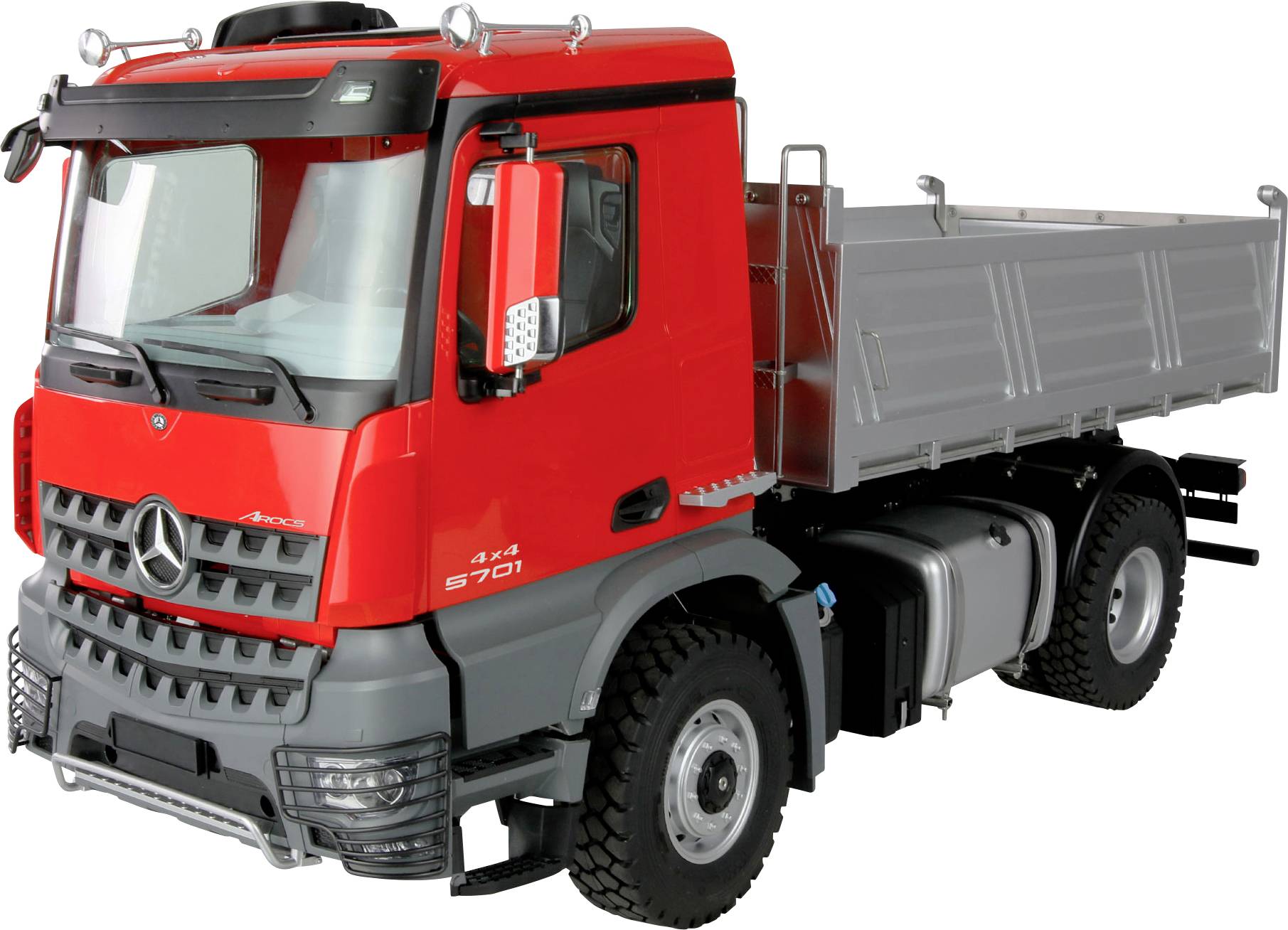 Red lorry with an open cargo bed, suitable for transporting heavy goods. Front view with visible cabin details.