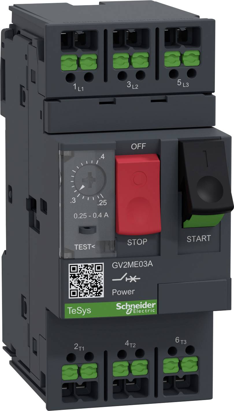 A Schneider Electric circuit breaker, type GV2ME03A, with 'Stop' and 'Start' buttons, a rotary switch and connection terminals.