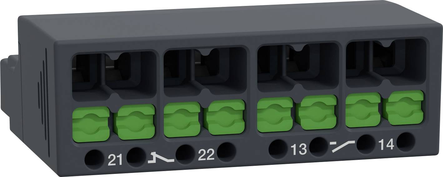 Black electrical terminal block with four green terminals labelled '21', '22', '13' and '14', for connecting cables.