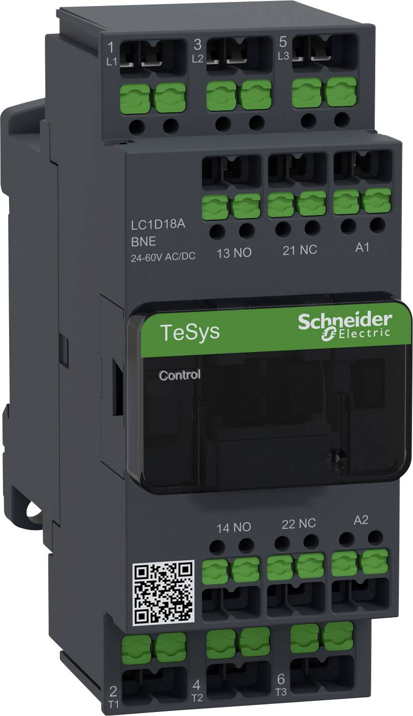 An electrical device from Schneider Electric, labelled 'TeSys', with various green terminal connectors is shown.