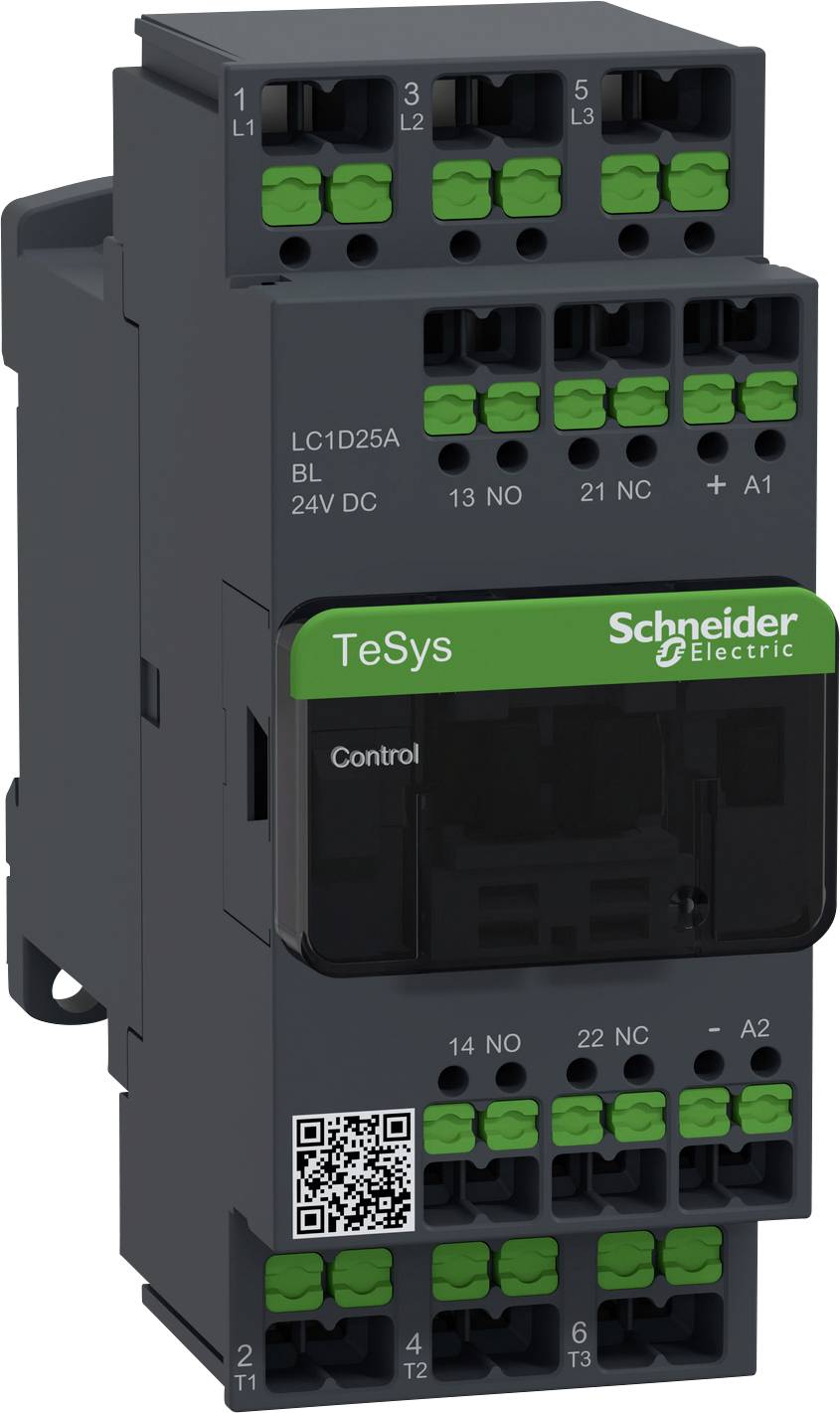 Electrical contactor by Schneider Electric, model 'TeSys', grey with green terminals and QR code on the front.