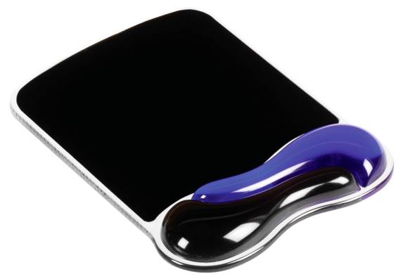 Mouse mat with ergonomic gel wrist rest in black and blue, provides comfort and support when working at the computer.