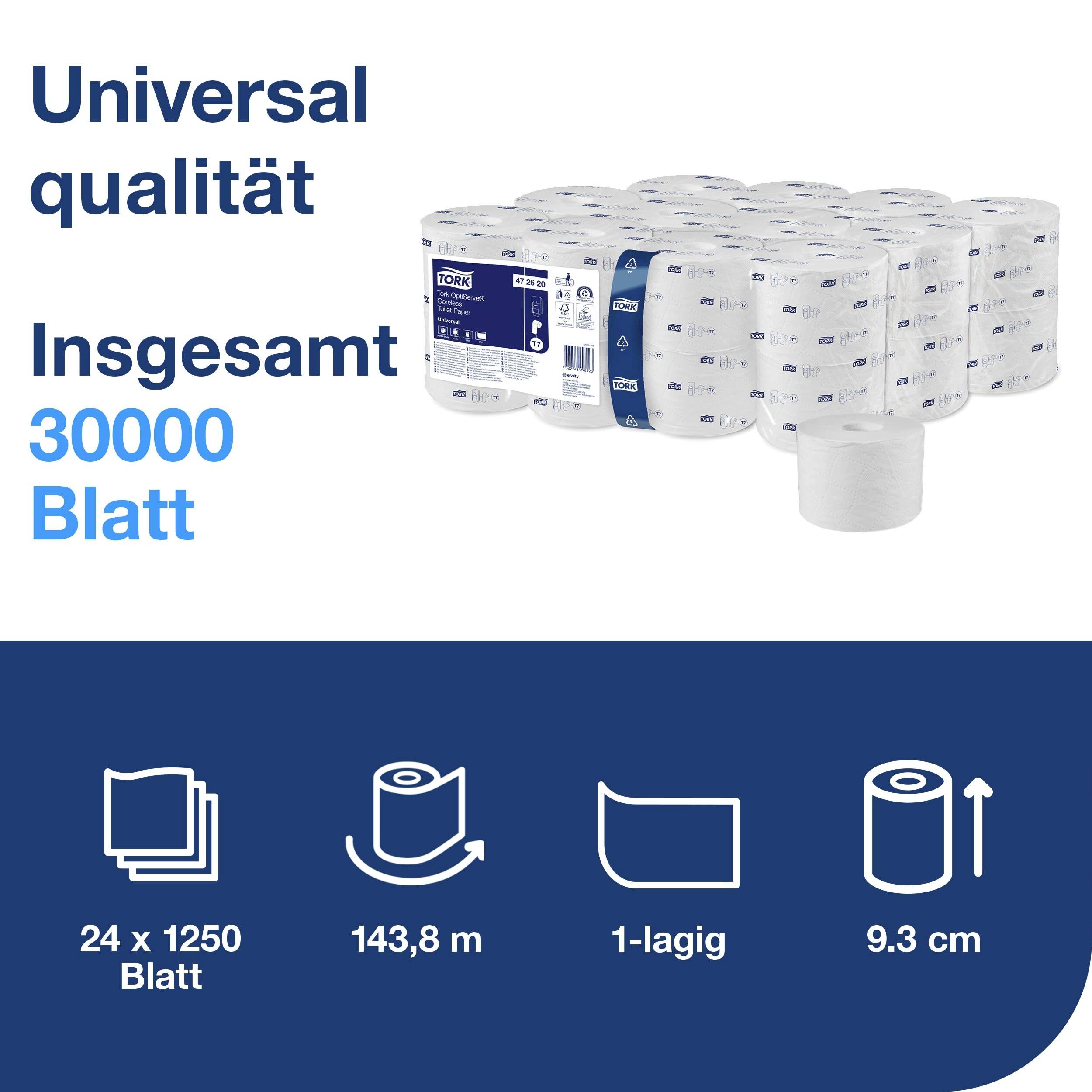 Toilet roll pack of 24 rolls, 30,000 sheets in total, 1-ply, 143.8 m length per roll.
