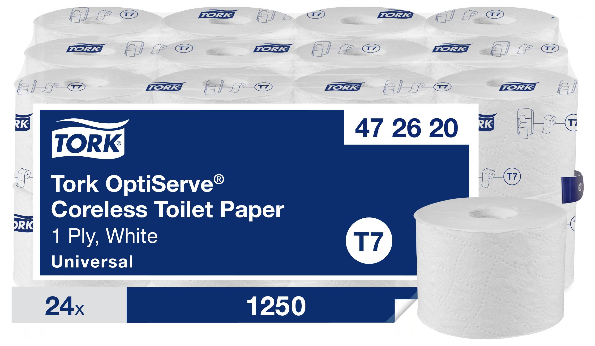 Pack of 24 Tork OptiServe T7 coreless toilet paper rolls, 1-ply, white. Product number: 47 26 20, total 1250 sheets.