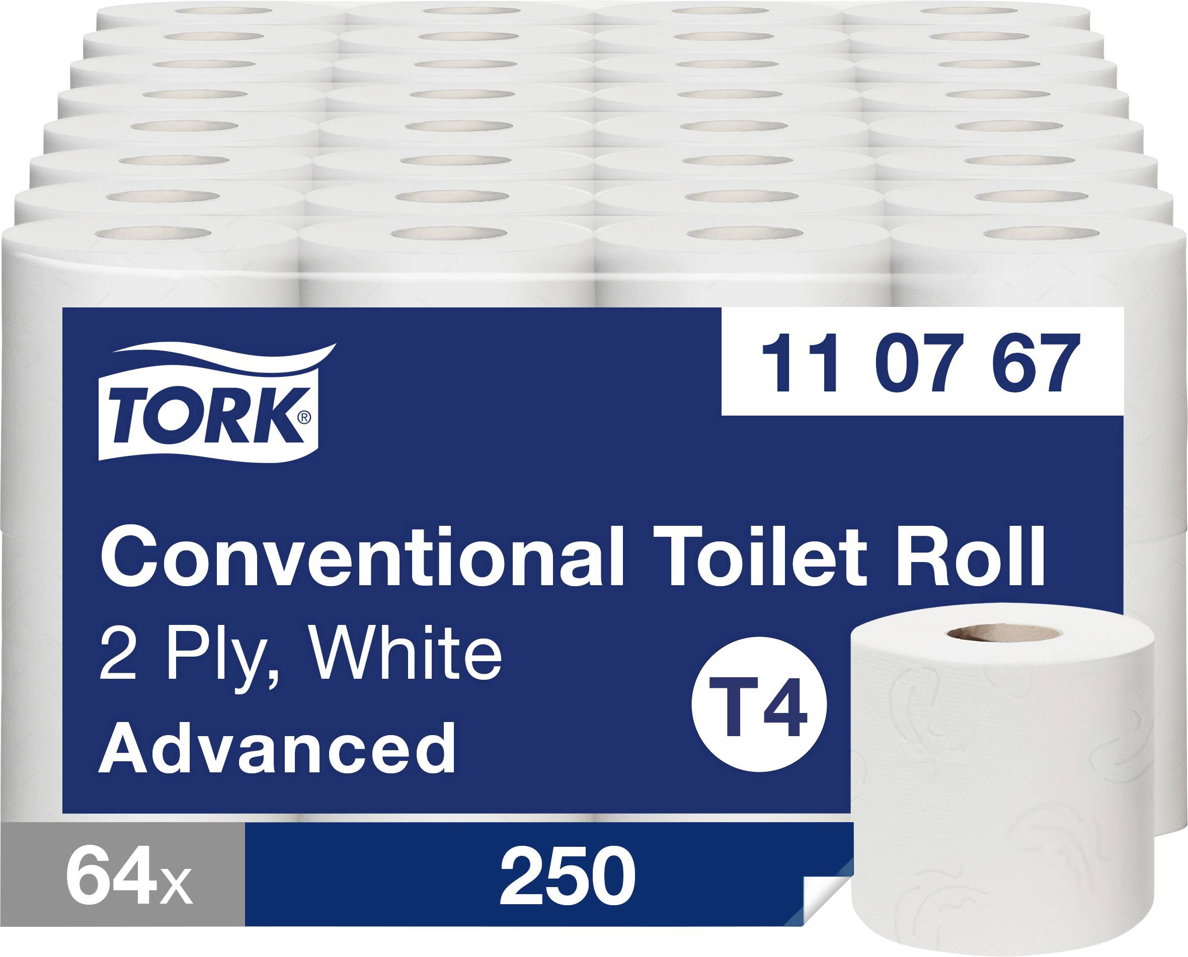 Pack of Tork Conventional Toilet Rolls, 2-ply white Advanced, 64 rolls of 250 sheets, with product code 11 07 67.