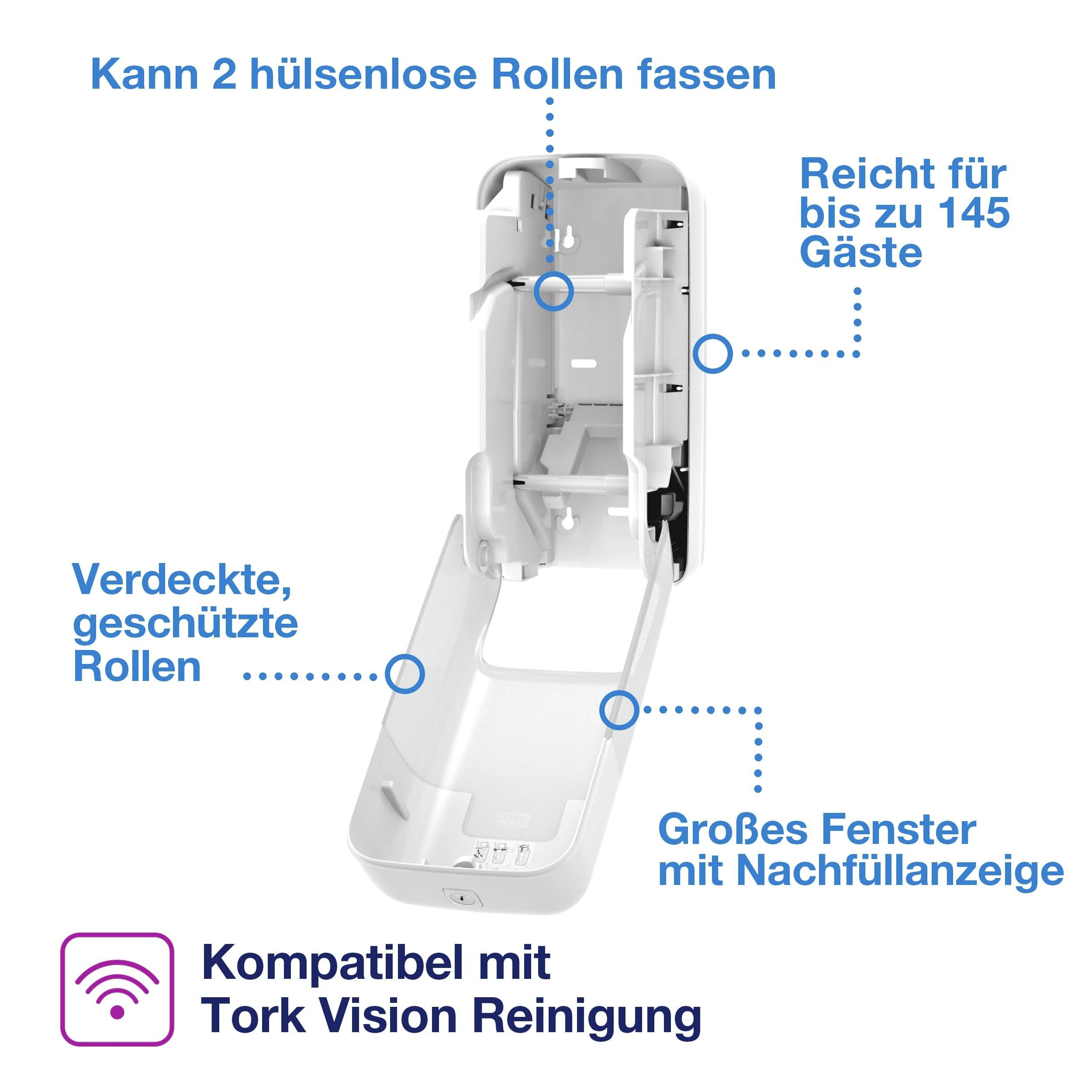 An open towel dispenser with marked functions: two roll holders, capacity for 145 guests, concealed rolls, window with refill indicator.