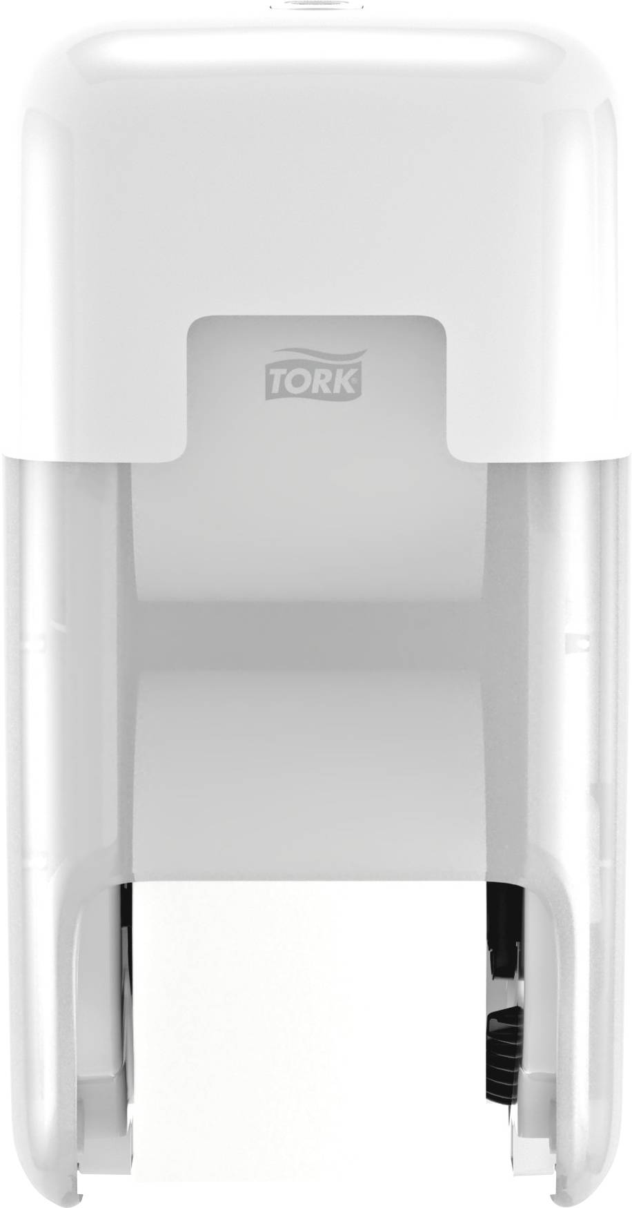 A white paper towel dispenser mounted on a wall, with a protruding towel for easy removal.