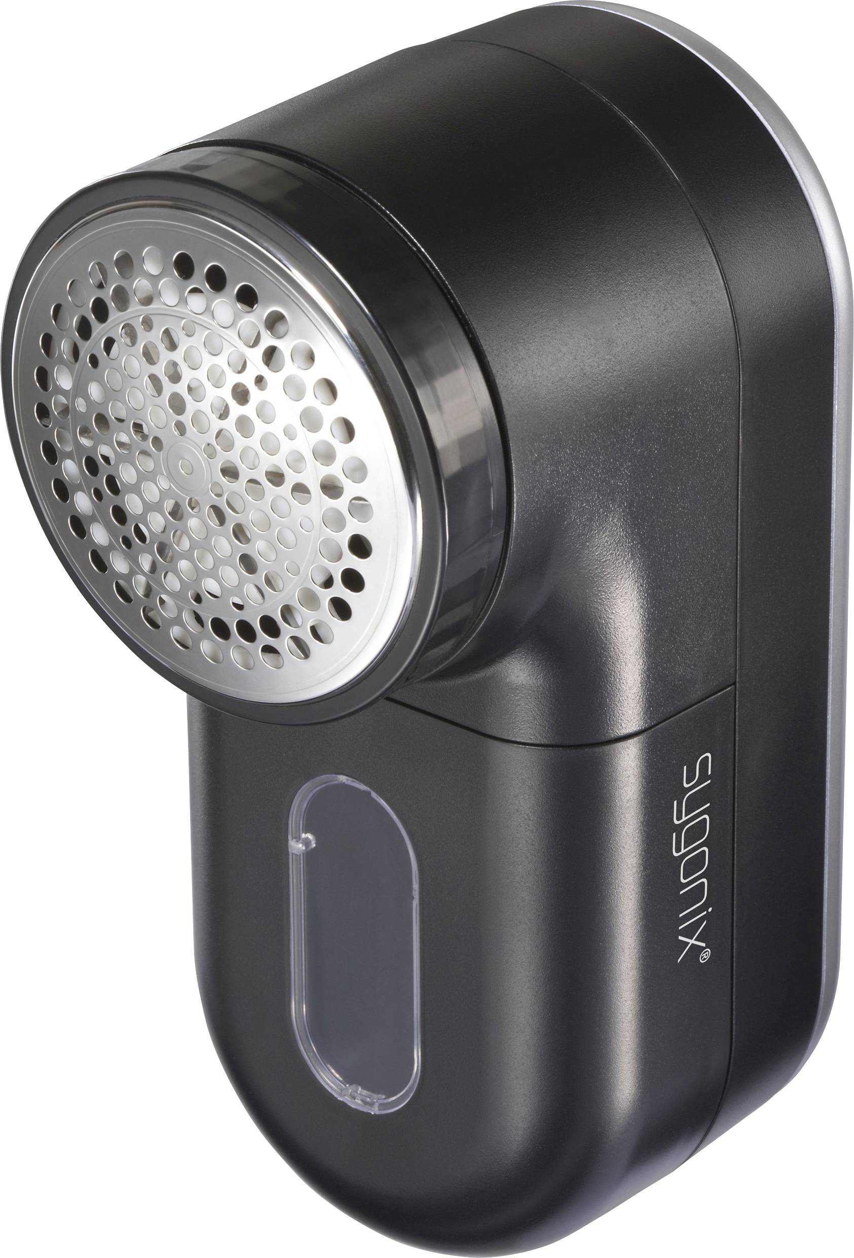 A black fabric shaver with a metal grid, designed for removing lint and pills from clothing, shown from a side angle.