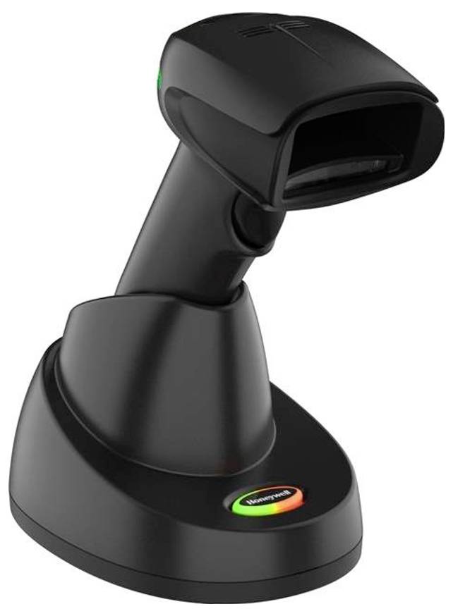 A black wireless barcode scanner in a charging station, ready for use in a retail or warehouse environment.