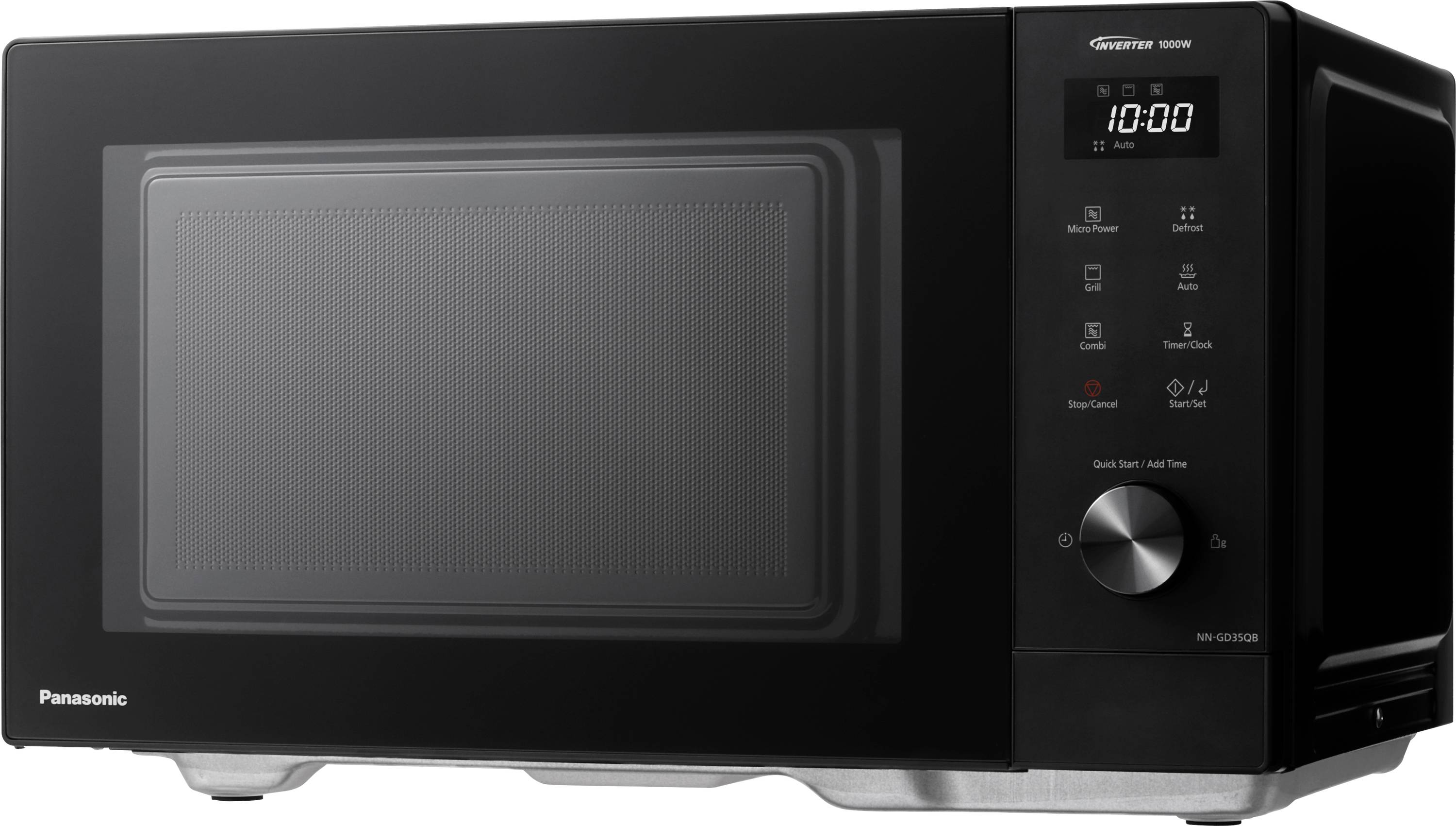 A black microwave with a digital time display, rotary dial, and several function buttons on the right-hand side.