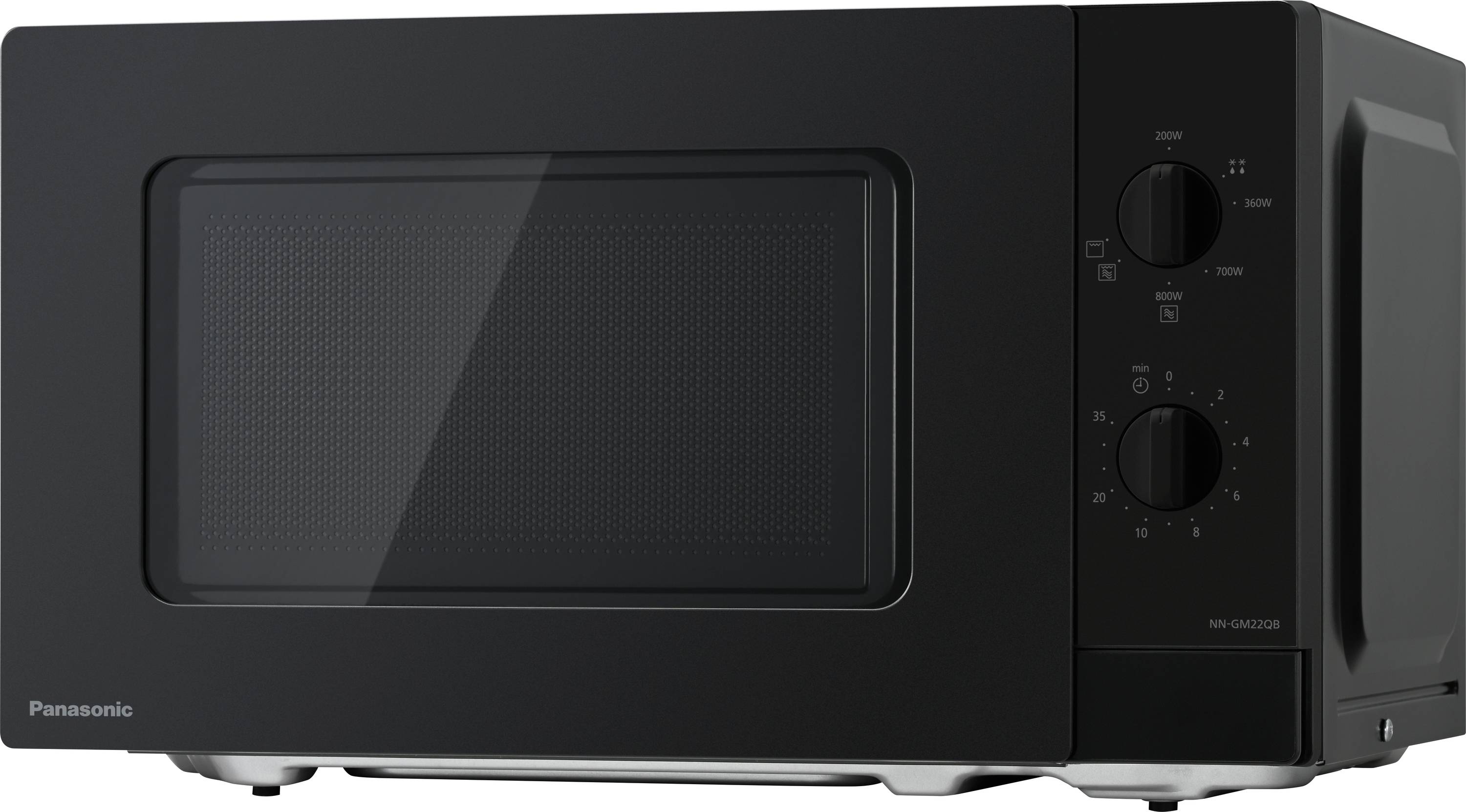 Black microwave with two rotary knobs on the right side, one for time and the other for power levels.