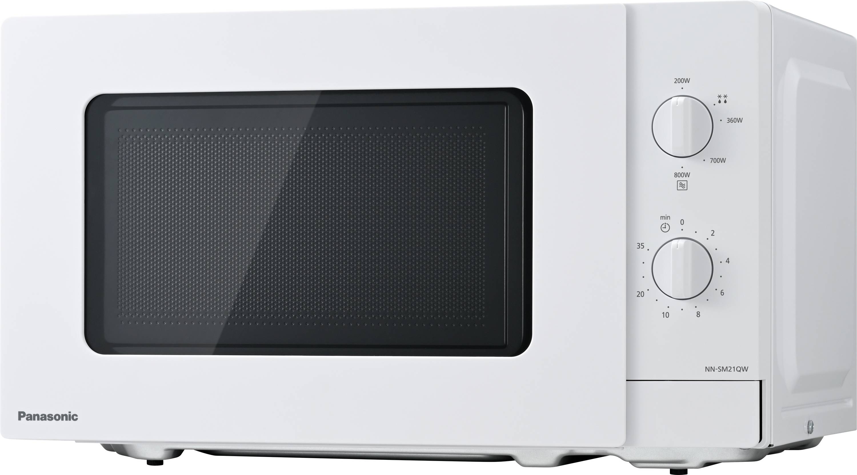 White microwave with two rotary knobs for power and time. 'Panasonic' brand name located bottom left on the front.