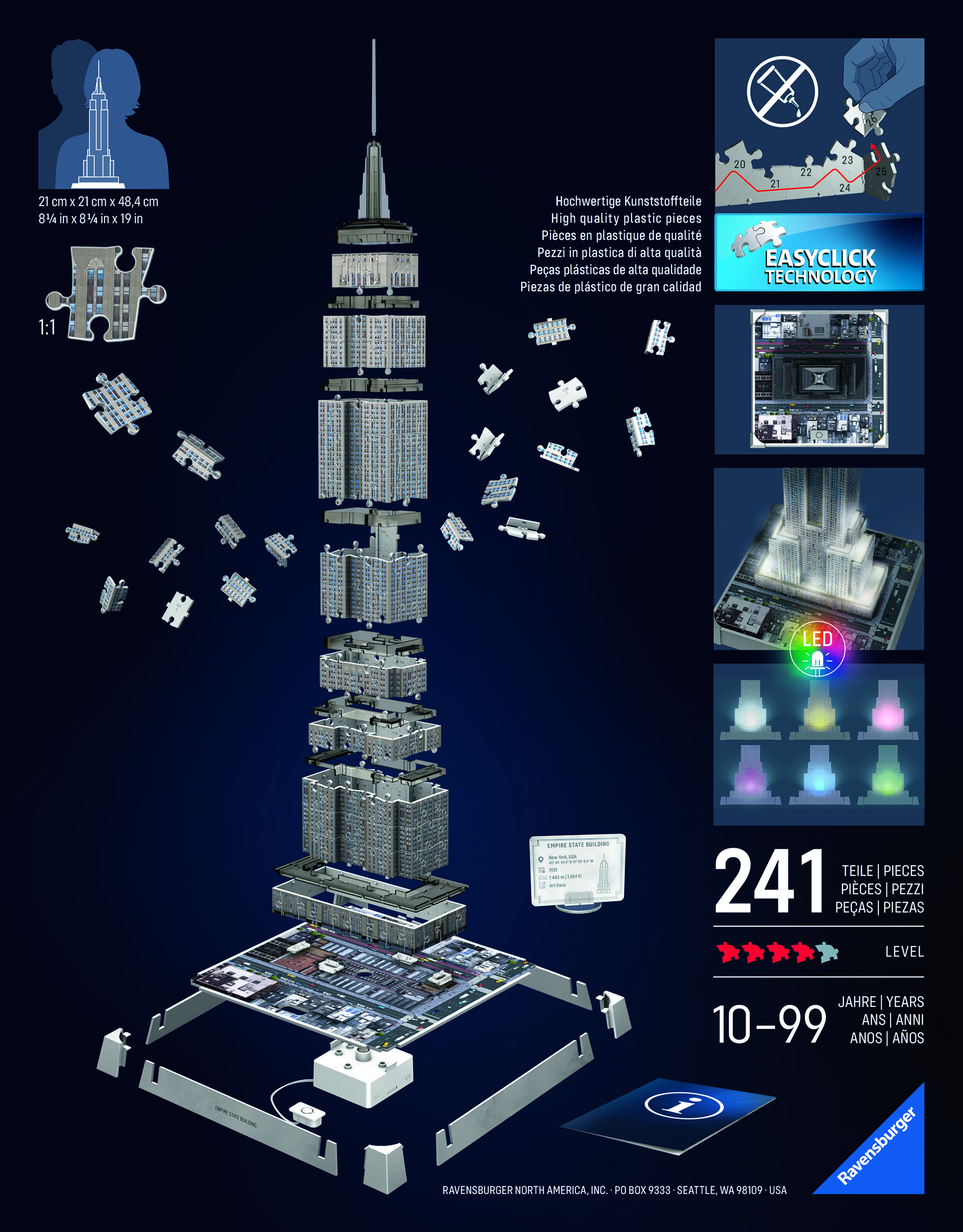 3D Puzzle of the Empire State Building with LED. 241 pieces, suitable for ages 10-99. Height 47.1 cm. Includes instructions and plastic parts.