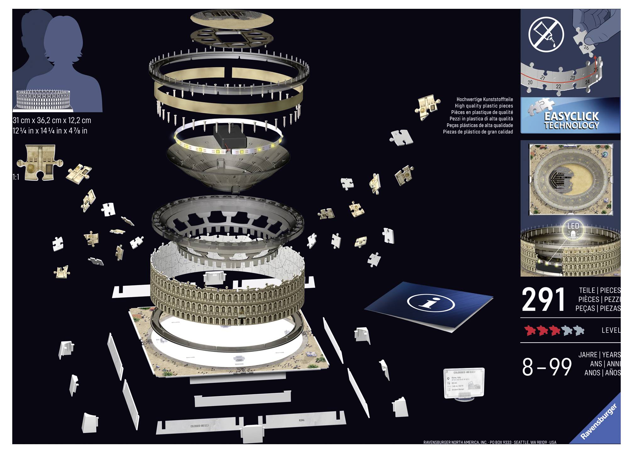 Colosseum Puzzle with 291 Pieces. Shows components and size information: 31 x 26 x 12 cm. Suitable from 8 years, with Easyclick technology.