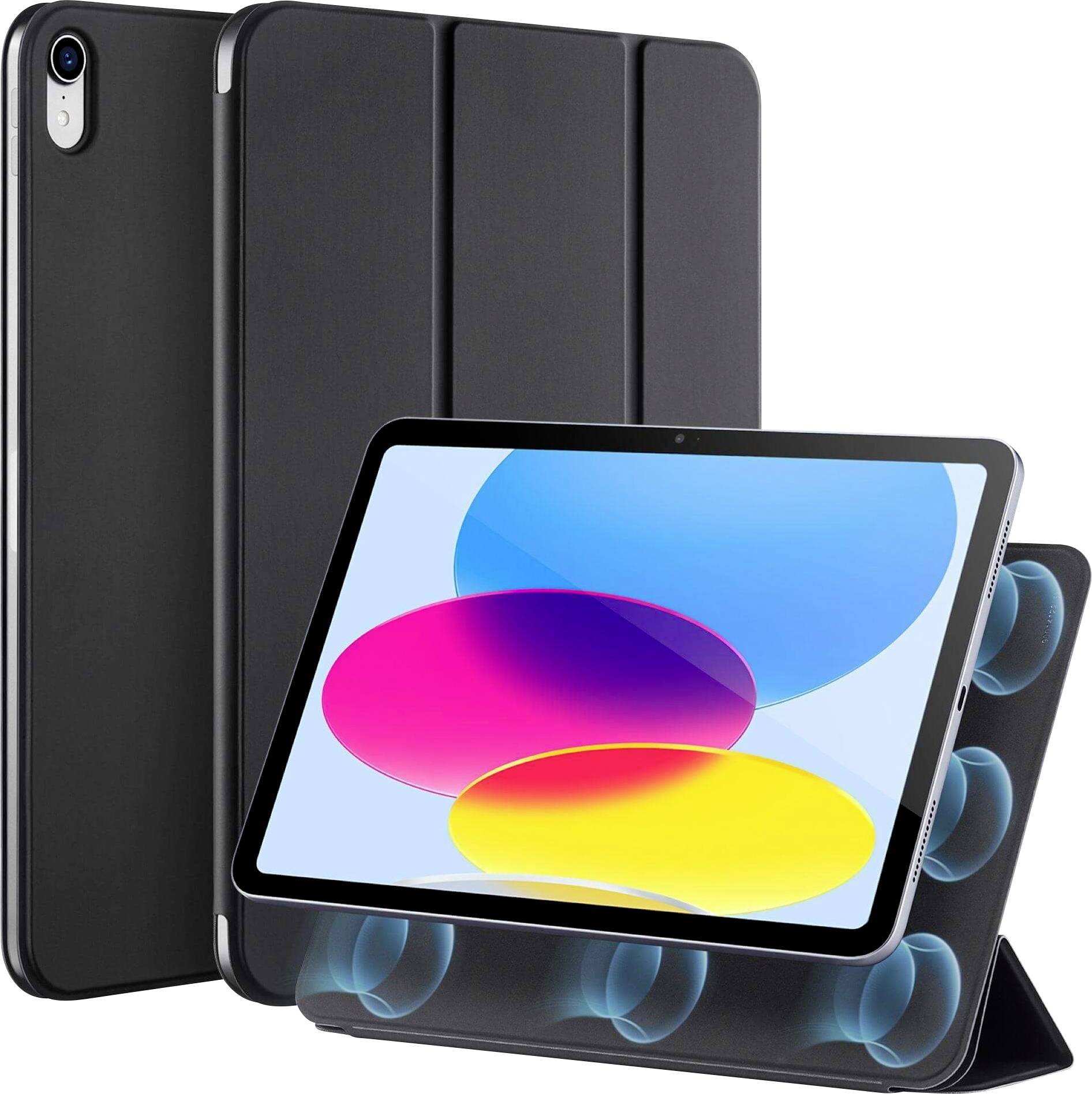 Tablet with a coloured display in its case, showing circles in blue, pink and yellow. Protective case opens as a stand, revealing speaker channels.