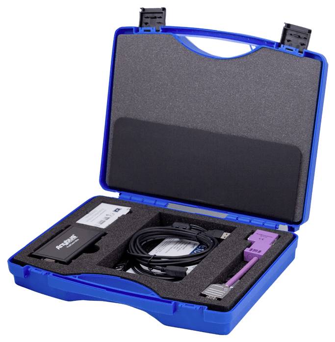 Blue case with electronic devices and cables, neatly lined with foam. Includes adapters and USB cables.