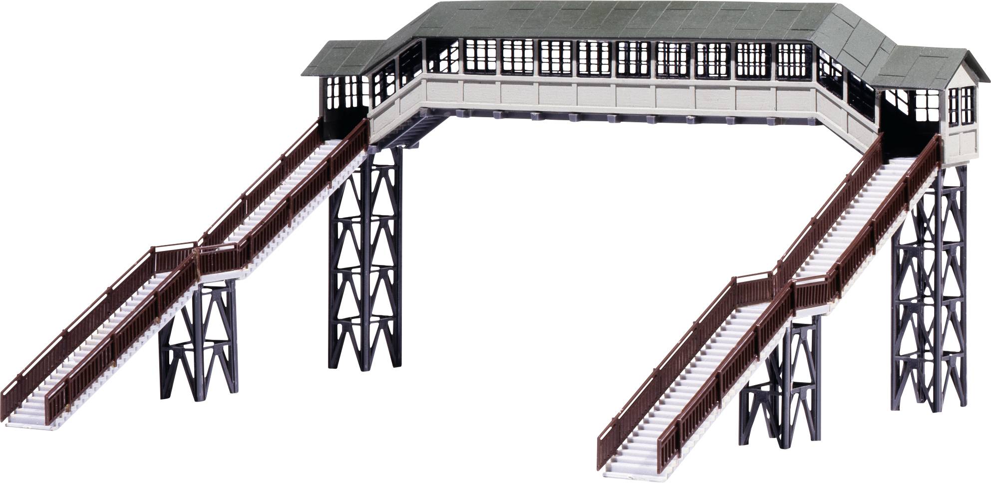 A model of a covered pedestrian bridge with stairs on both sides. The structure combines black and red details.