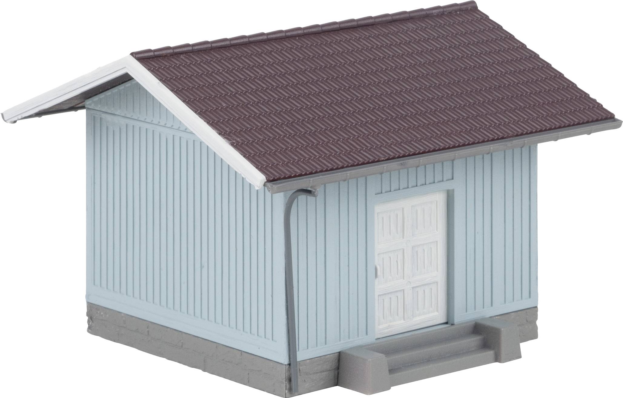A small, light blue model house with a brown roof. It has a white door and simple steps leading to the door.