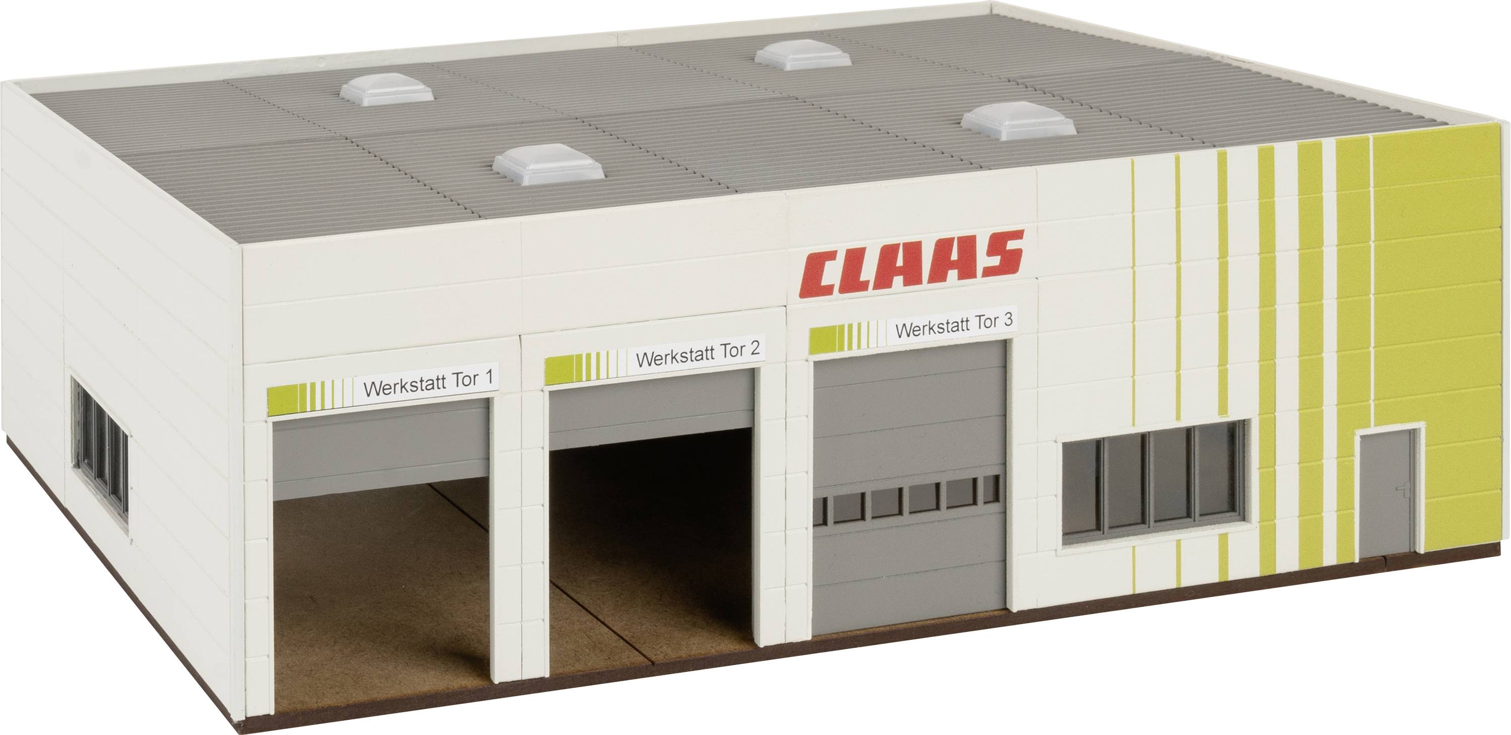 A model building of a workshop with three gates, labelled 'Workshop Gate 1', 'Gate 2', 'Gate 3'. Above, it reads 'CLAAS'.