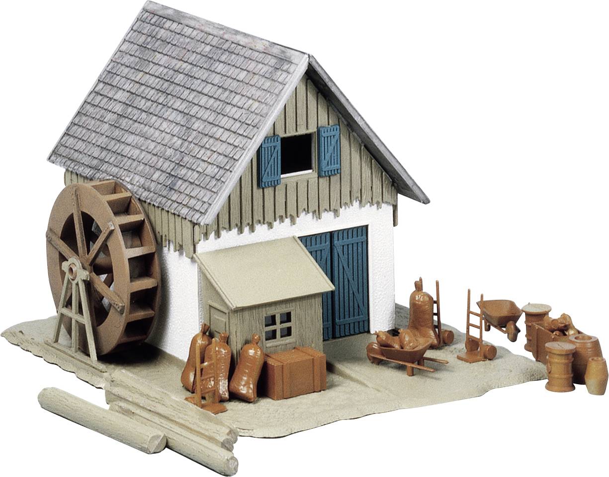 A small model of a watermill with a large water wheel, blue doors, and various tools and barrels around the building.