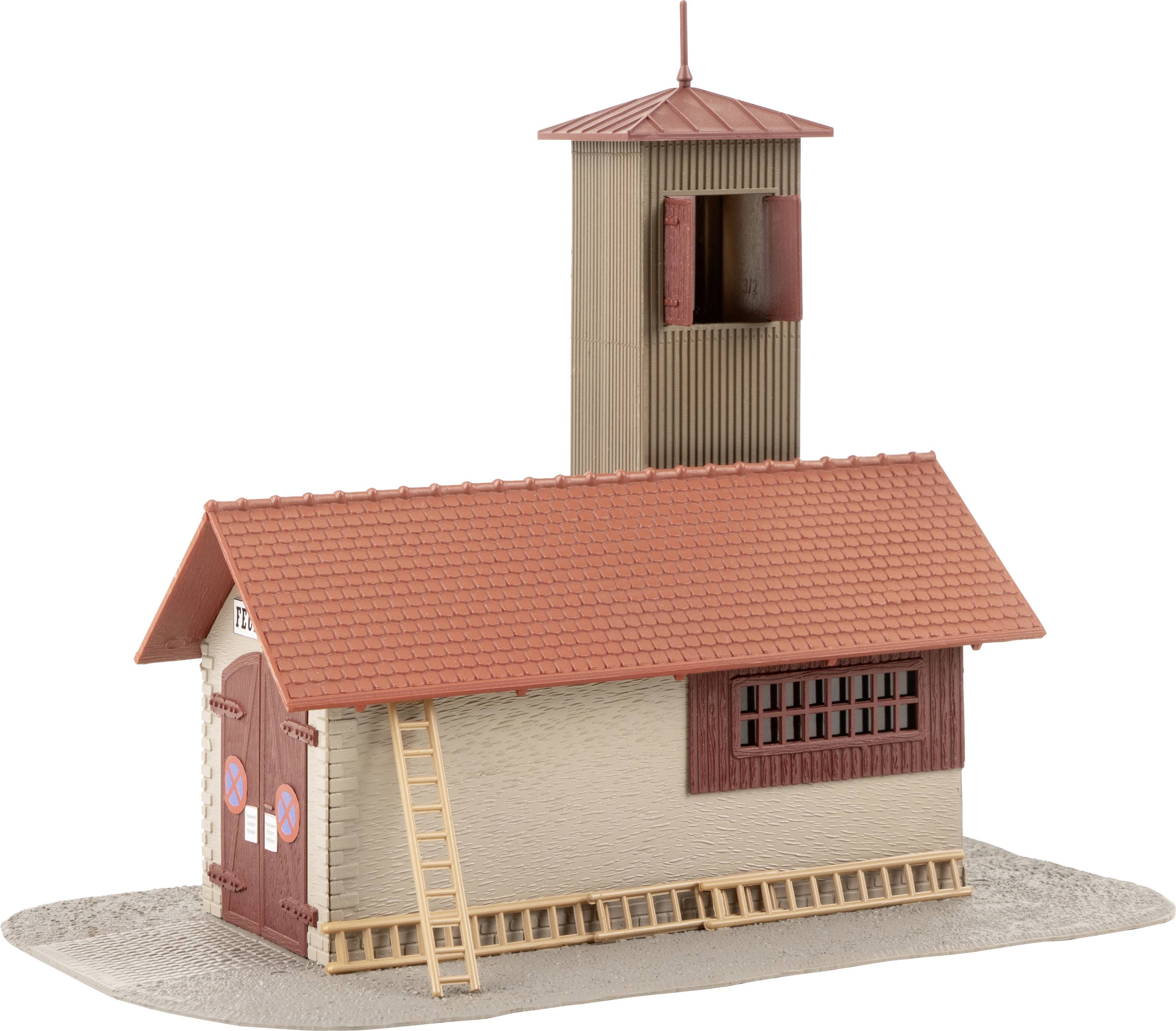 Small model building with a red roof, wooden cladding and door. A ladder stands to the side.