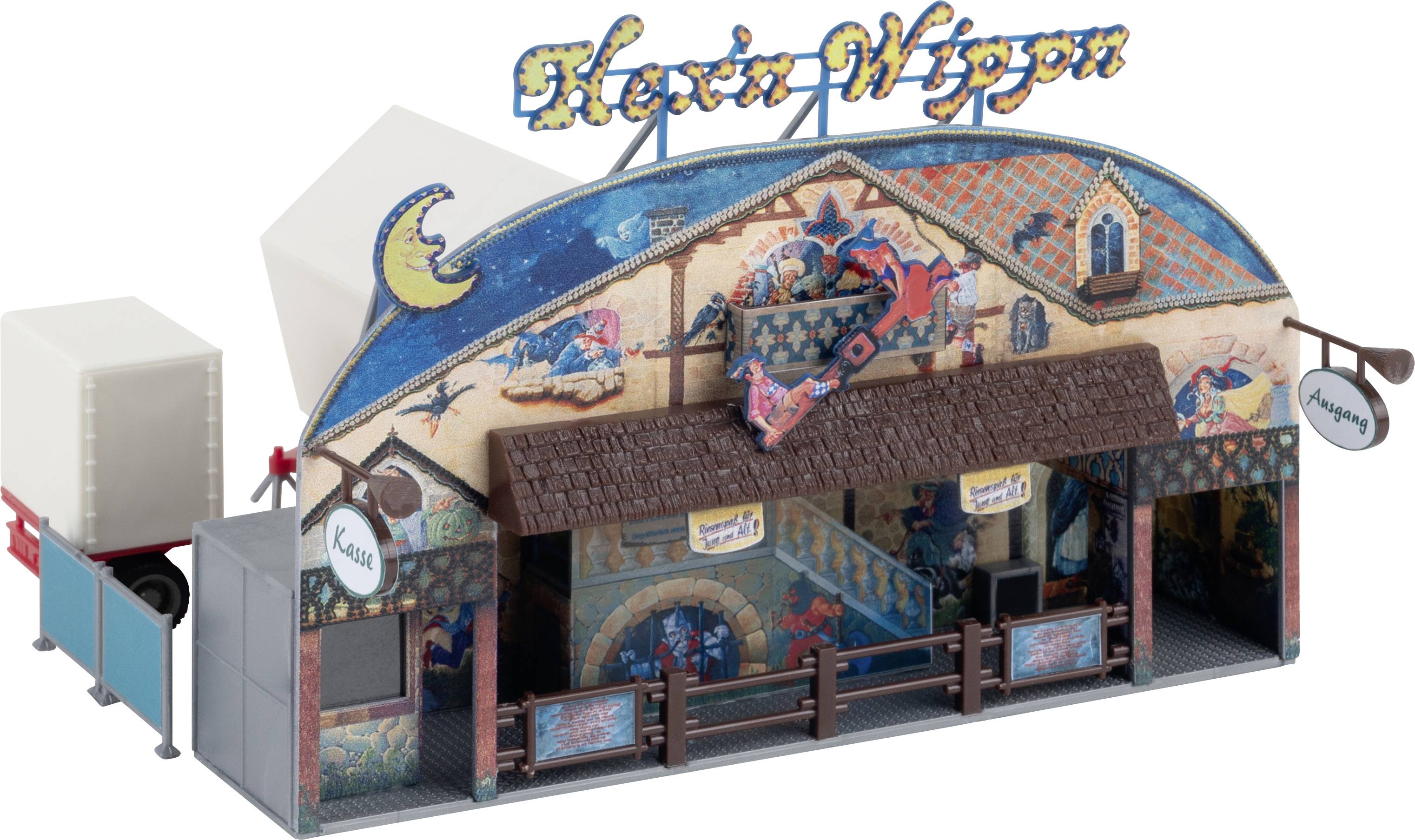 Model of a fairground building with a colourful facade and the sign 'Hexen-Wipp'n'. In the background, a small wagon.