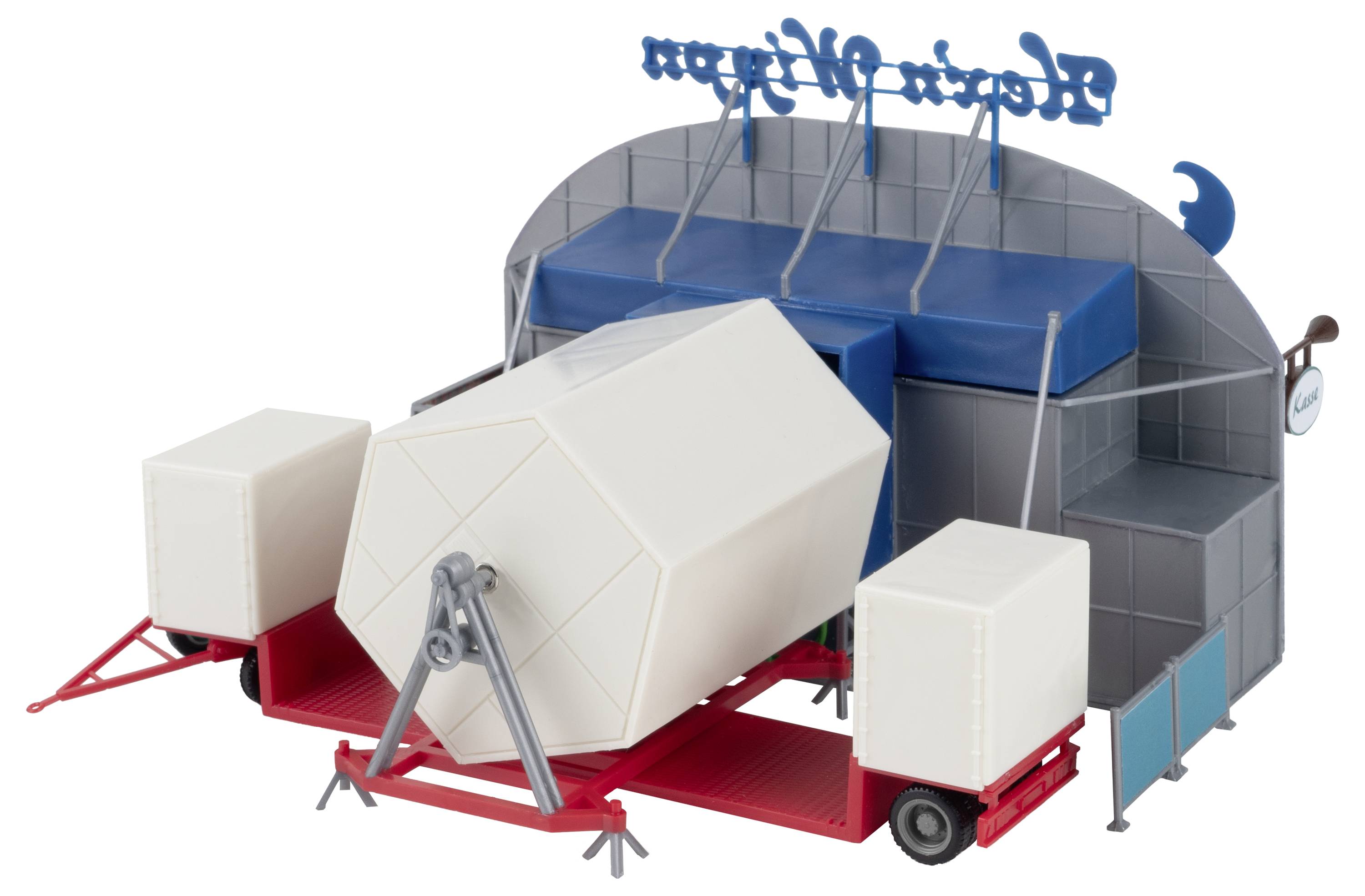 A model of a mobile cinema with a fold-out screen and signage on top. The design evokes the appearance of a circus tent.