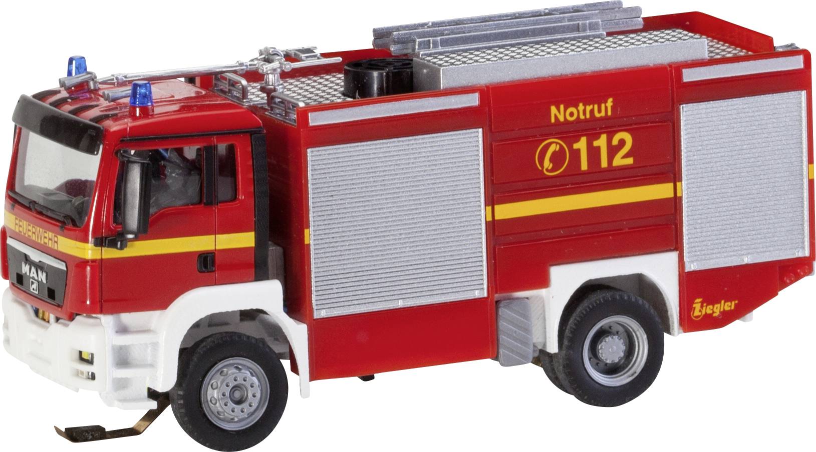 Red fire engine with yellow stripes, with the inscription 'Emergency Call 112' on the side, blue light on the roof, stationary.