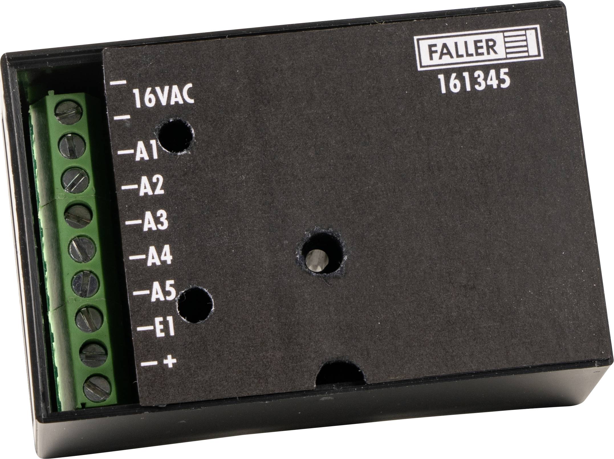 'FALLER 161345' Model Building Component, shows connections for 16VAC and multiple channels (A1-A5, E1), with screw terminals on the left.