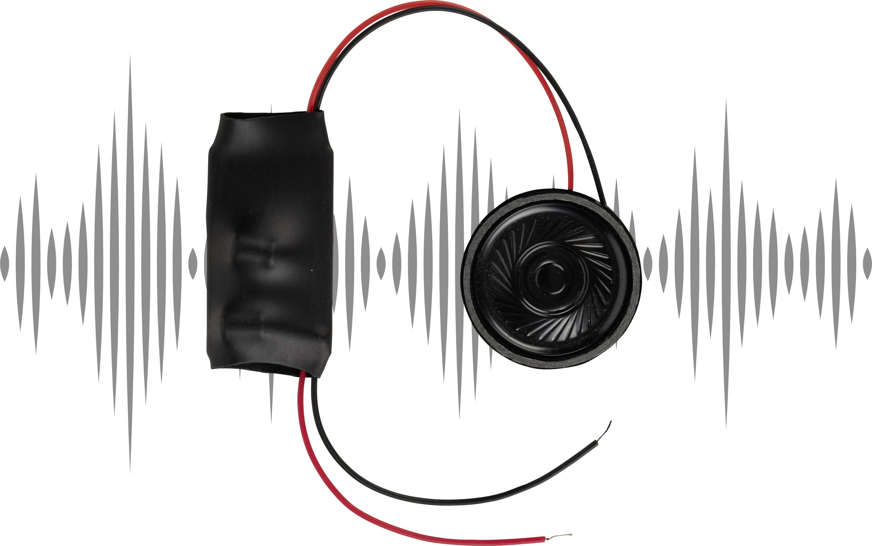 Electronic component with connected cables, surrounded by stylised sound waves representing sound transmission or acoustics.