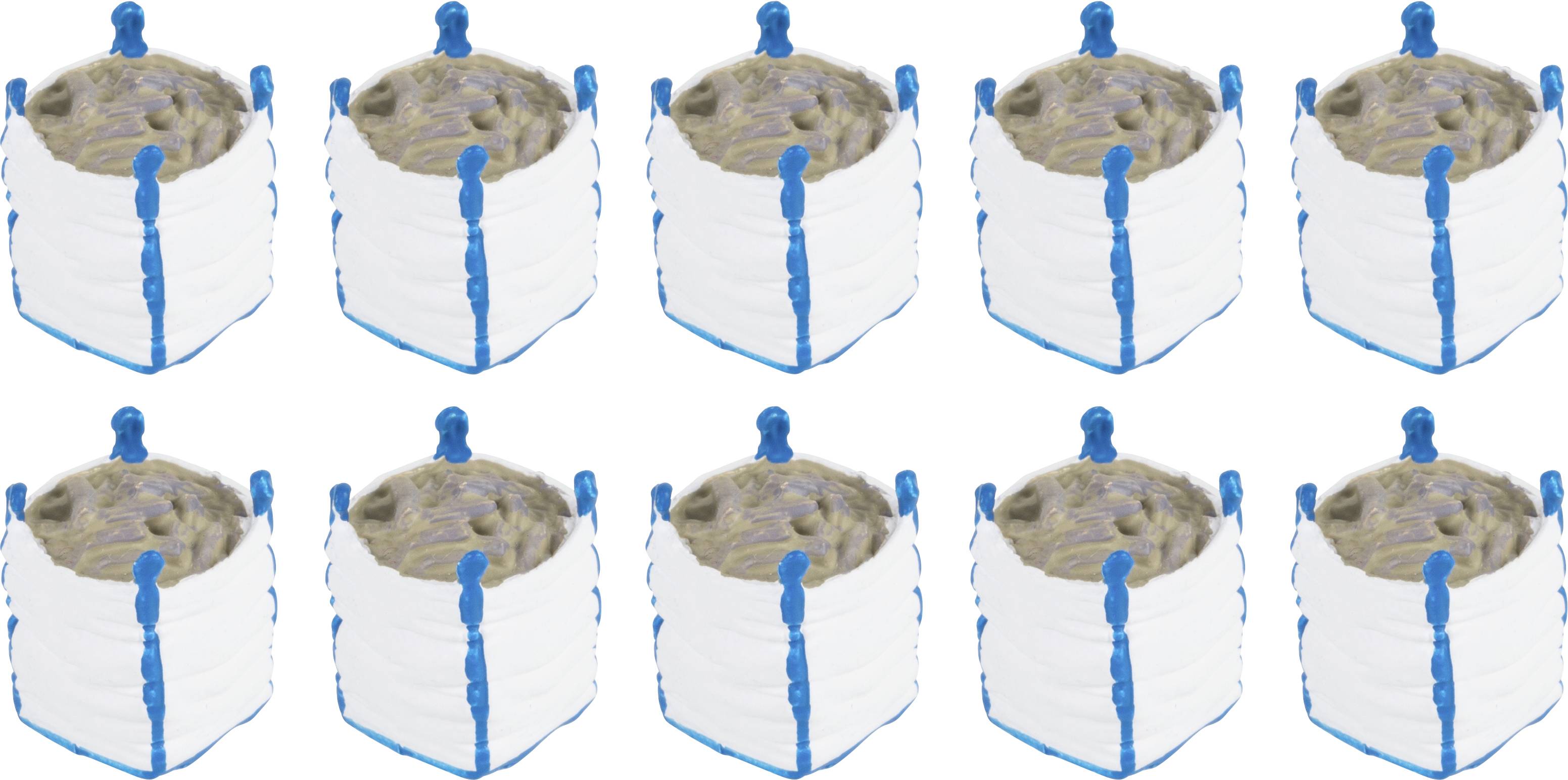 Several large white bulk bags with blue stitching, filled with gravel, are lined up in a row.