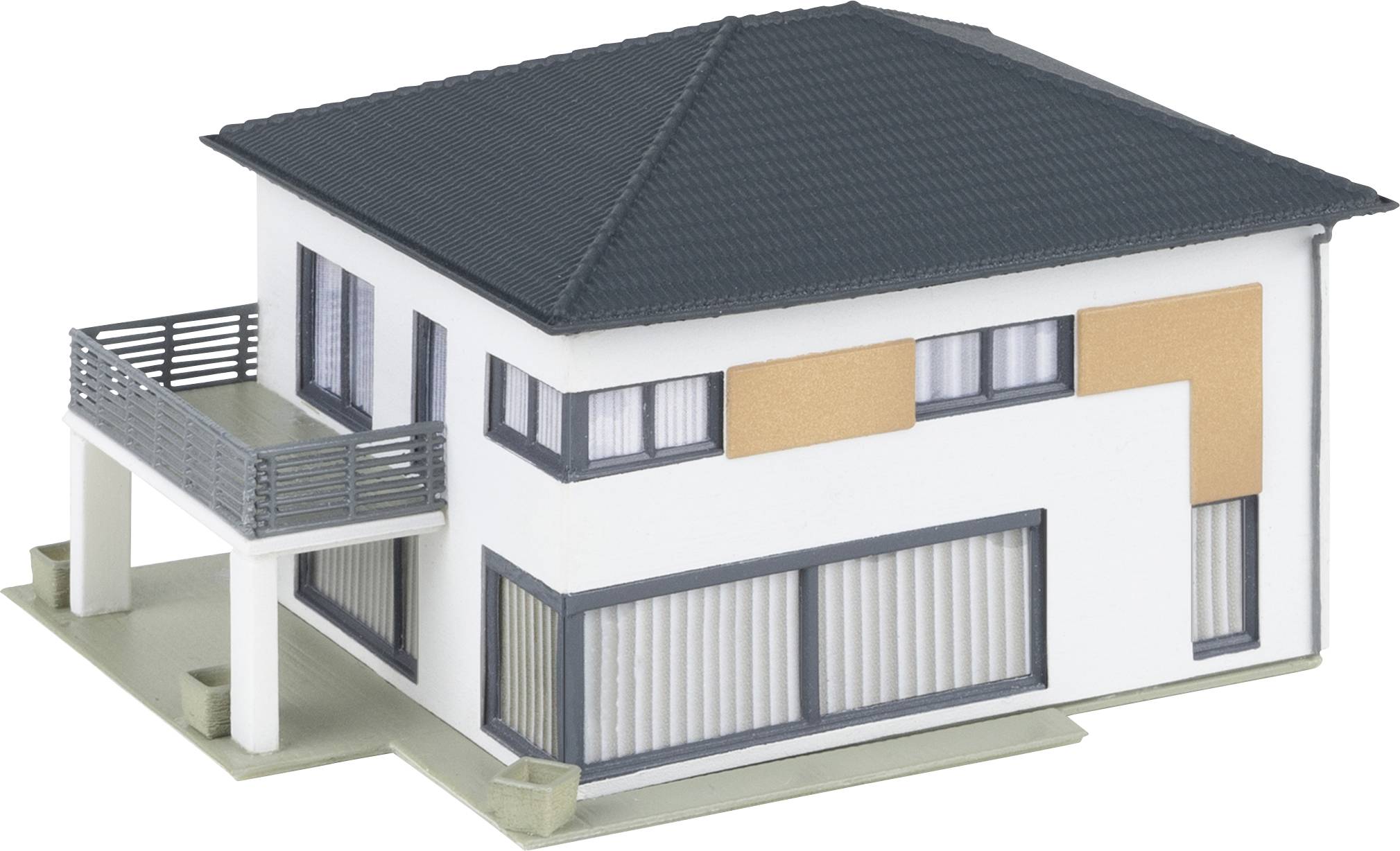 Modern detached house with a flat roof and balconies, white with grey accents.