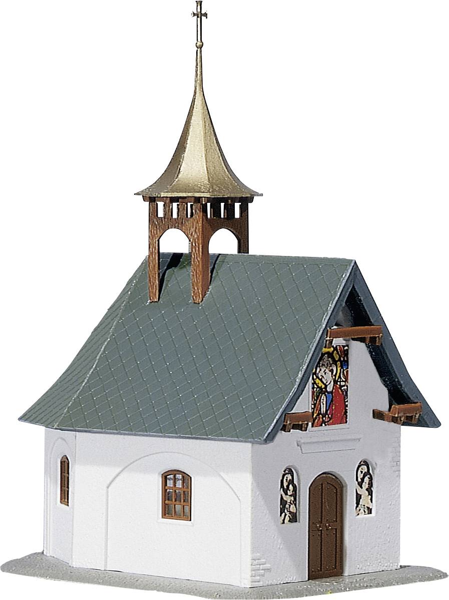 Small church with a pitched roof and bell tower. Painted stained glass windows and a wooden door are visible on the façade.