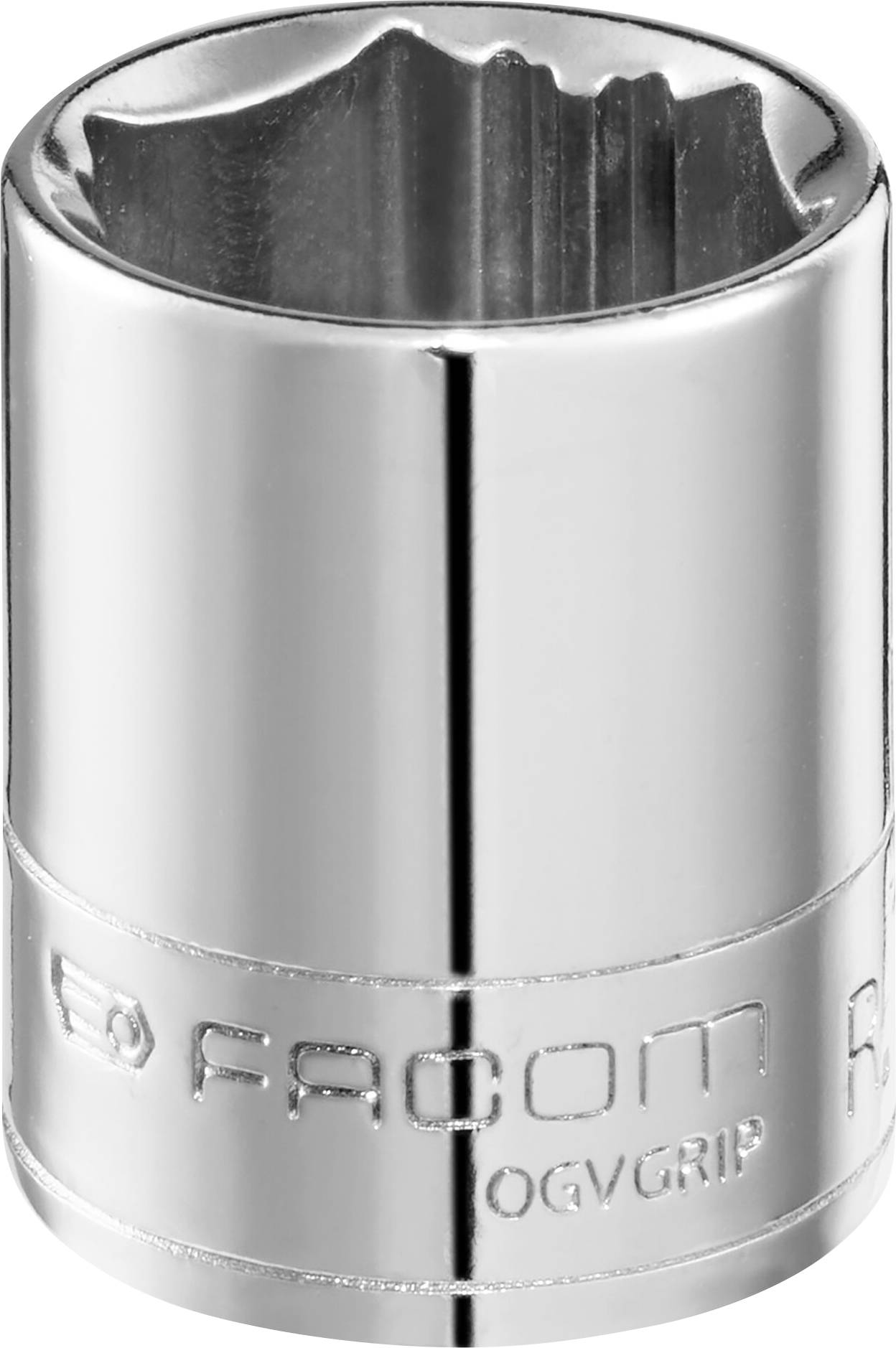Chrome-plated socket spanner with a split end, glossy surface, marked with 'FACOM OGVGRIP'.