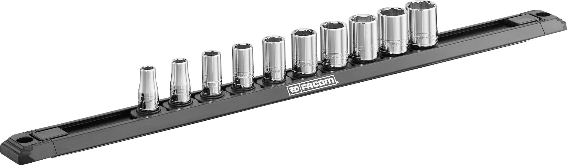 A set of socket wrenches in various sizes on a metal holder, with the 'Facom' brand in the centre of the holder.