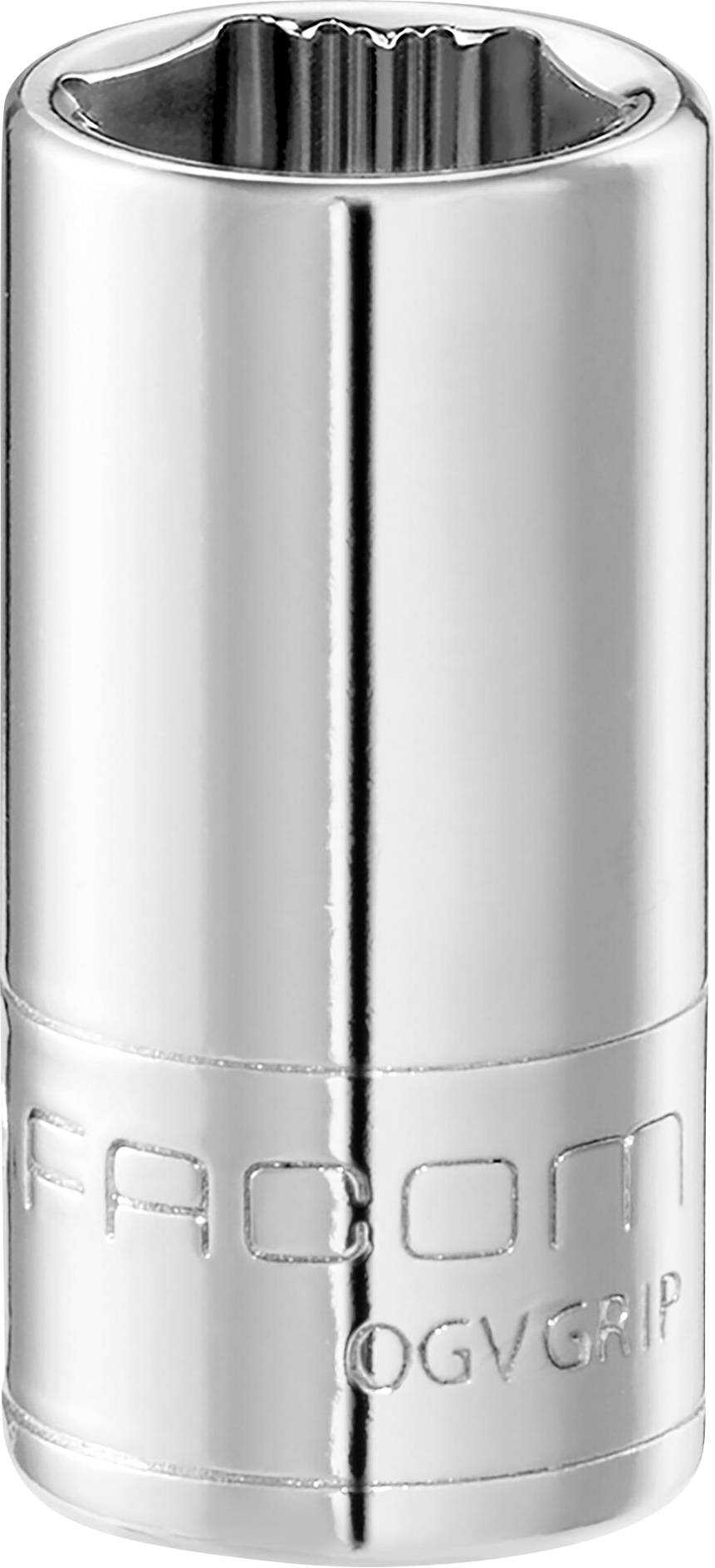A gleaming socket wrench by Facom with 'OGV GRIP' printed on it, cylindrical in shape. Used for screw-related tasks.